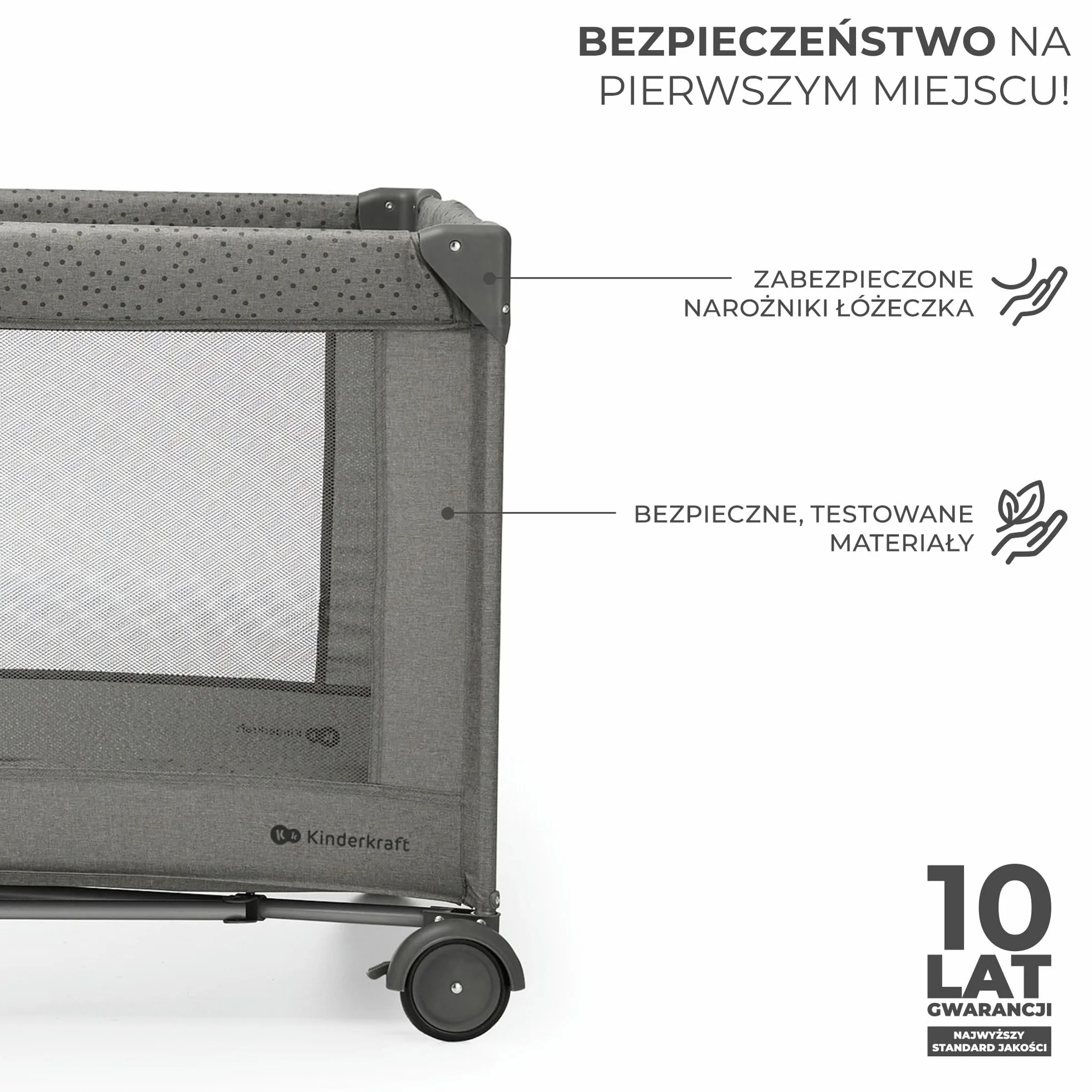 Kinderkraft JOY ACC 2 Łóżeczko turystyczne 3 w 1, Boczne wejście, Szybkie składanie i rozkładanie, Zabezpieczenie przed złożeniem, Kółka i torba ułatwiające transport, Pałąk z zabawkami, Szary