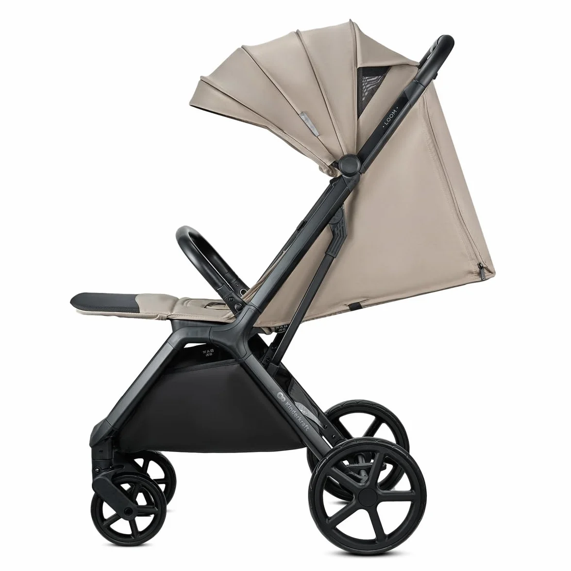 Kinderkraft LOOM lekki wózek dziecięcy o wadze do 27 kg, zamykany jedną ręką, kosz pod spodem, wysuwany daszek z dachem, drążkiem bezpieczeństwa, do 4 lat lub około 22 kg, beżowy