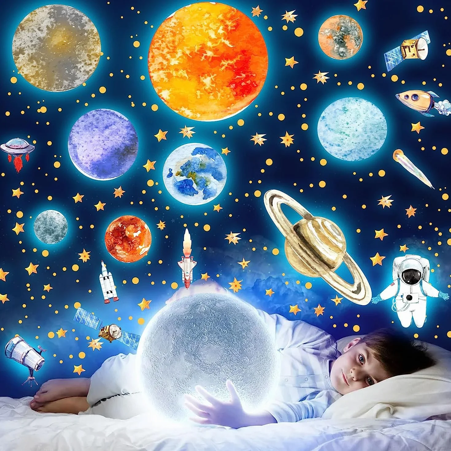 Naklei do ścian, świecące naklejki 9 planet, świecące gwiazdy, astronauta, planety, świecące naklejki, tatuaż ścienny, świecące gwiazdy, układ słoneczny, fluorescencyjne naklejki ścienne, dekoracyjne