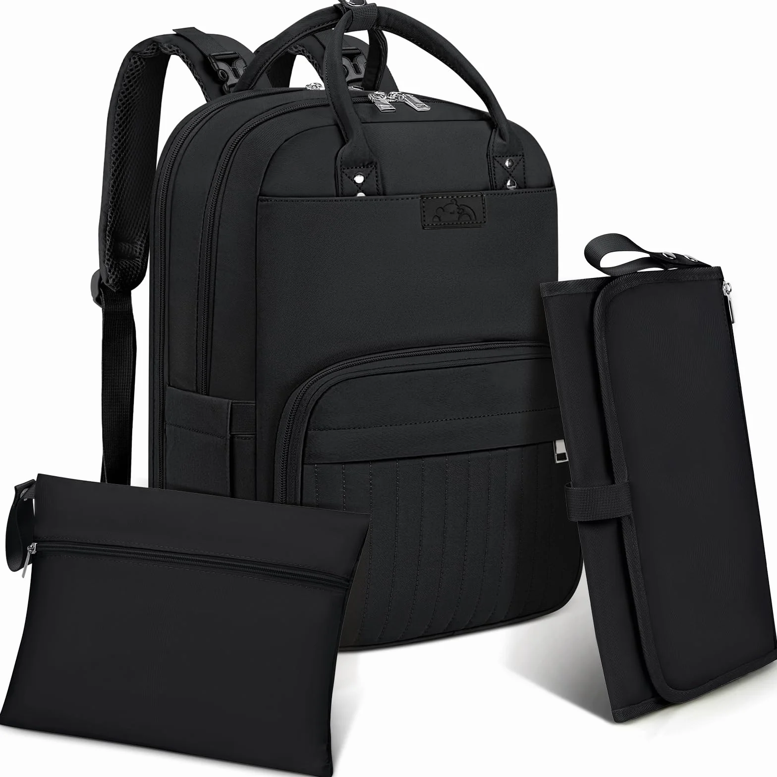 RAINSMORE Plecak do przewijania niemowląt, duża torba do przewijania, plecak z paskami do wózka dziecięcego i podkładką do przewijania, torba podróżna Diaper Bag, kolor czarny