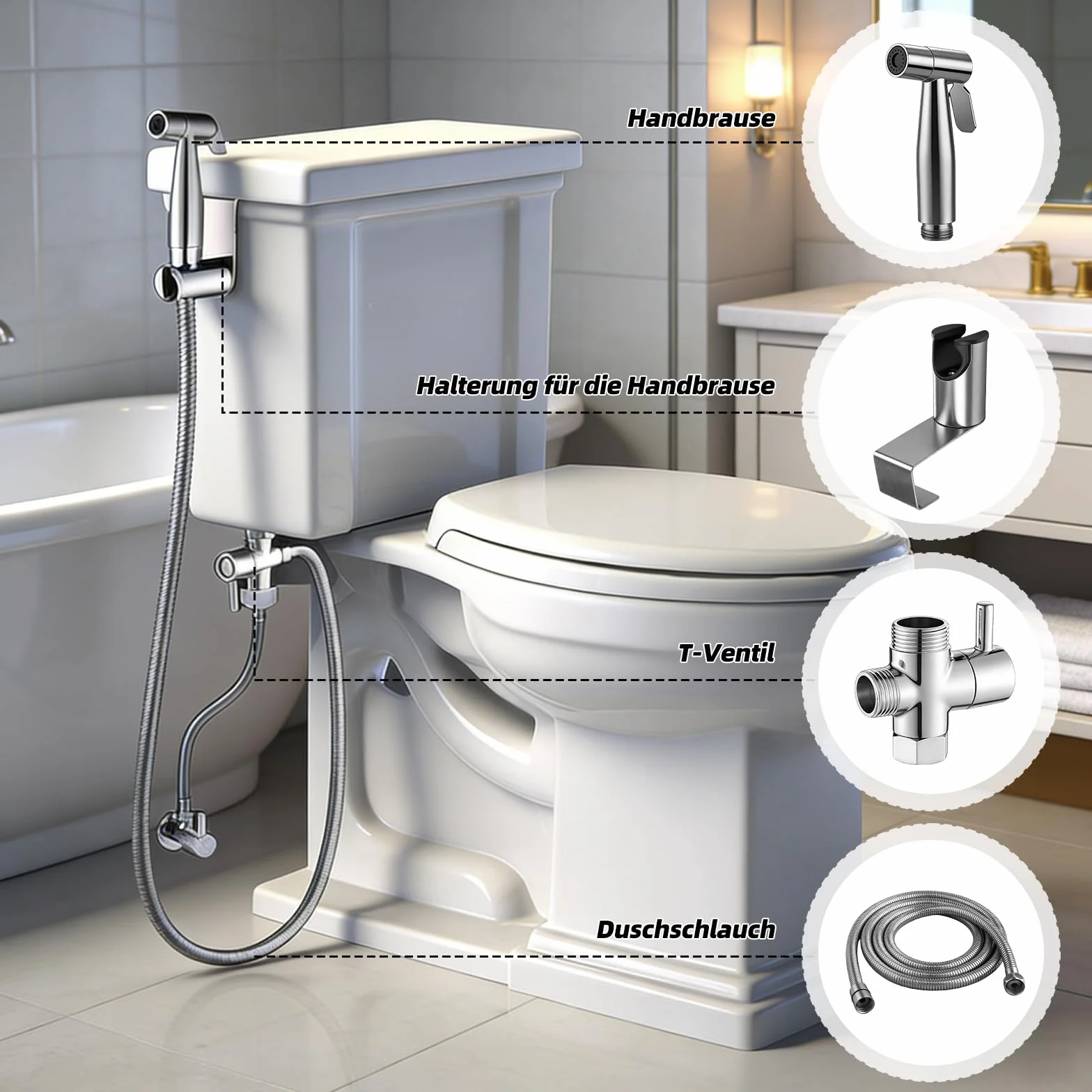 Bidet słuchawka prysznicowa, opryskiwacz bidetowy, stal nierdzewna, z zaworem T G1/2" i adapterem do toalety G3/8", wąż 150 cm, toaleta z hakiem lub uchwytem ściennym, słuchawka prysznicowa, pielucha