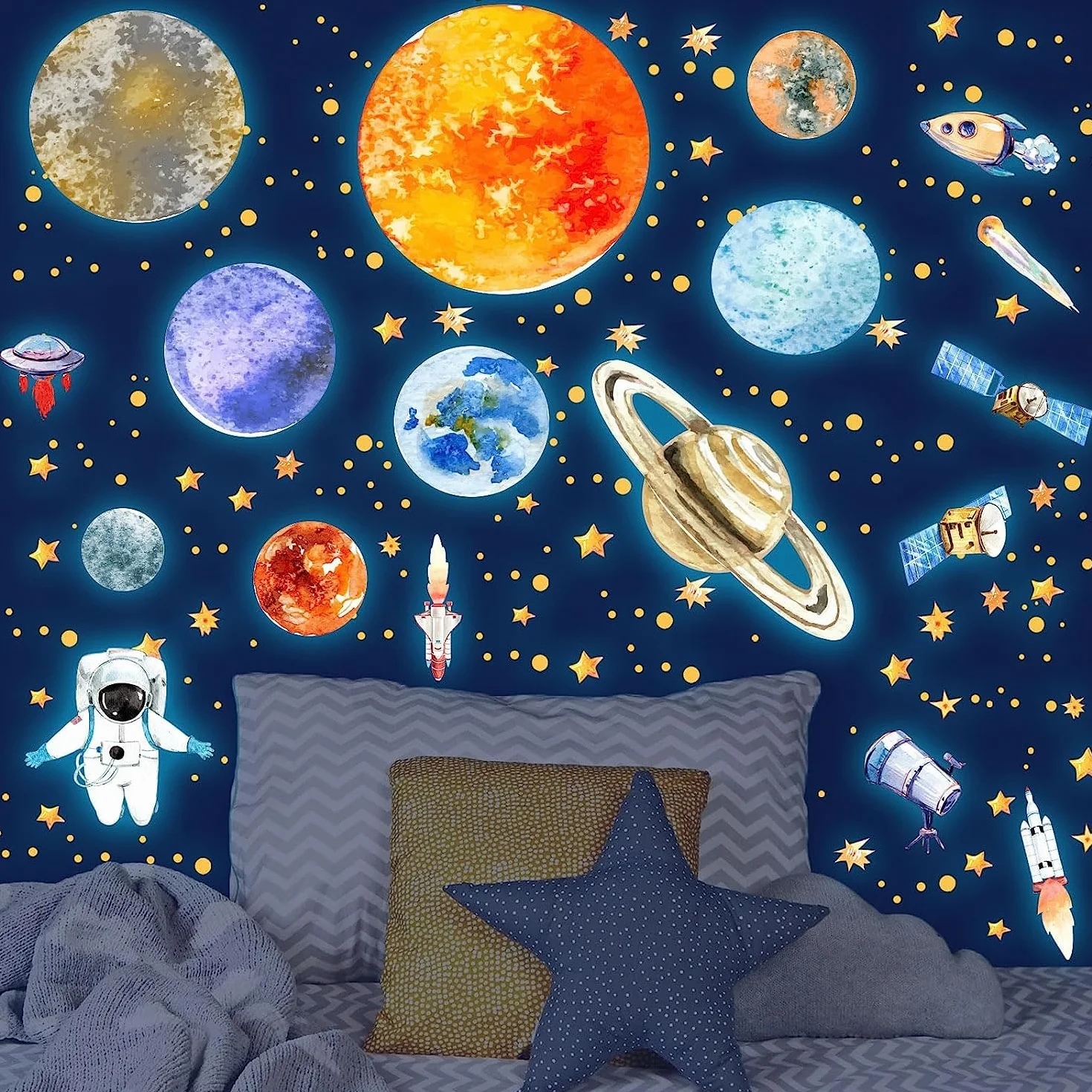 Naklei do ścian, świecące naklejki 9 planet, świecące gwiazdy, astronauta, planety, świecące naklejki, tatuaż ścienny, świecące gwiazdy, układ słoneczny, fluorescencyjne naklejki ścienne, dekoracyjne
