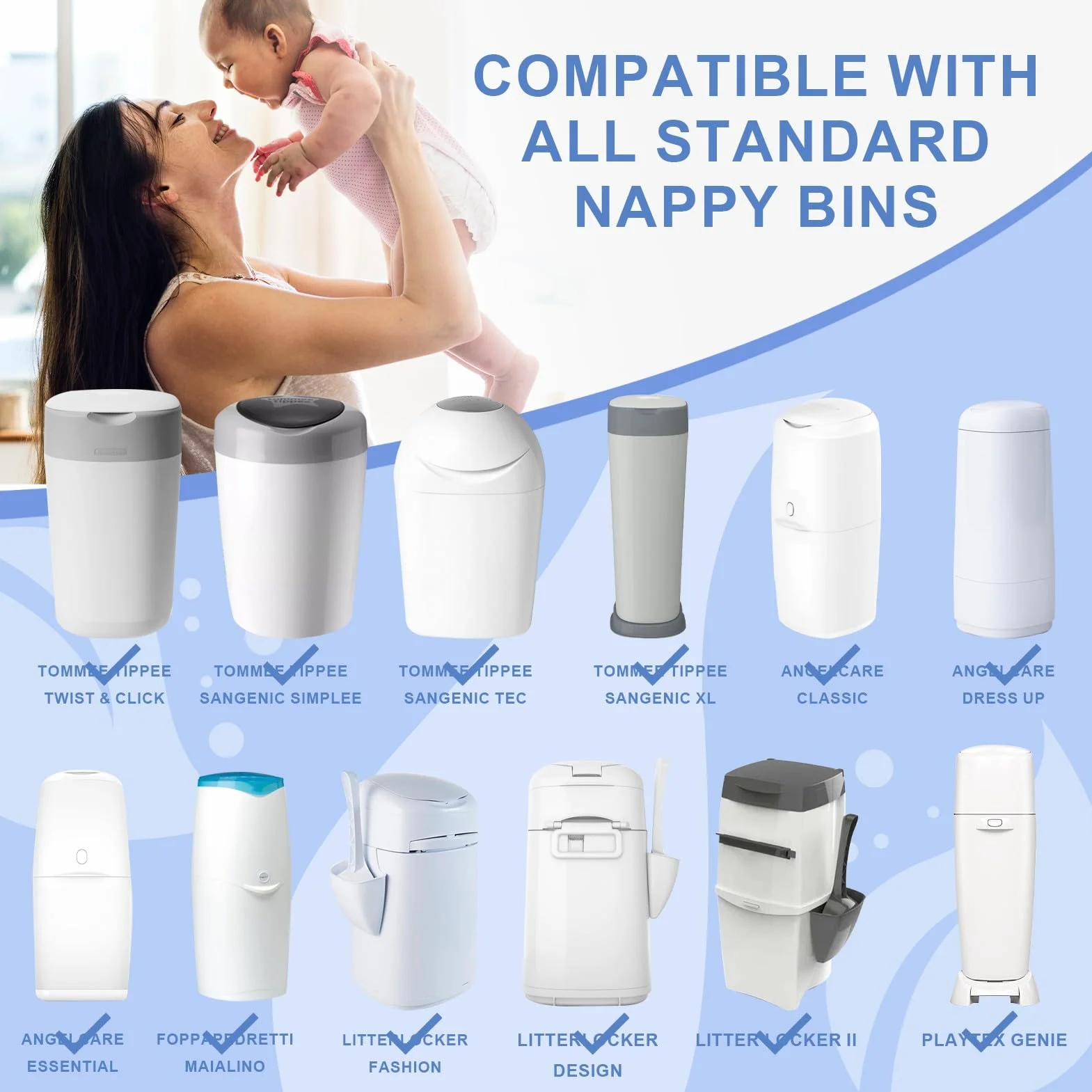 6,5 m opakowanie uzupełniające dla pieluszek, 6 sztuk, pogrubione, przedłużone, wkłady uzupełniające dla pieluszek, kompatybilne z Tommee Tippee, Foppapedretti, LitterLocker itp. Wszystkie