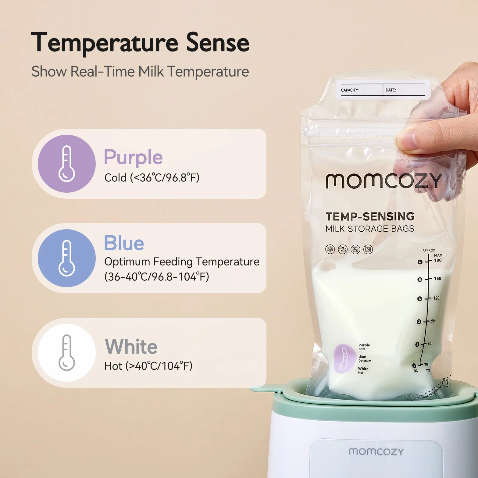 50 sztuk worki Momcozy do przechowywania mleka matki, worki do przechowywania mleka z wskaźnikiem zmiany koloru w zależności od temperatury, jednorazowe worki do przechowywania mleka z samodzielnym