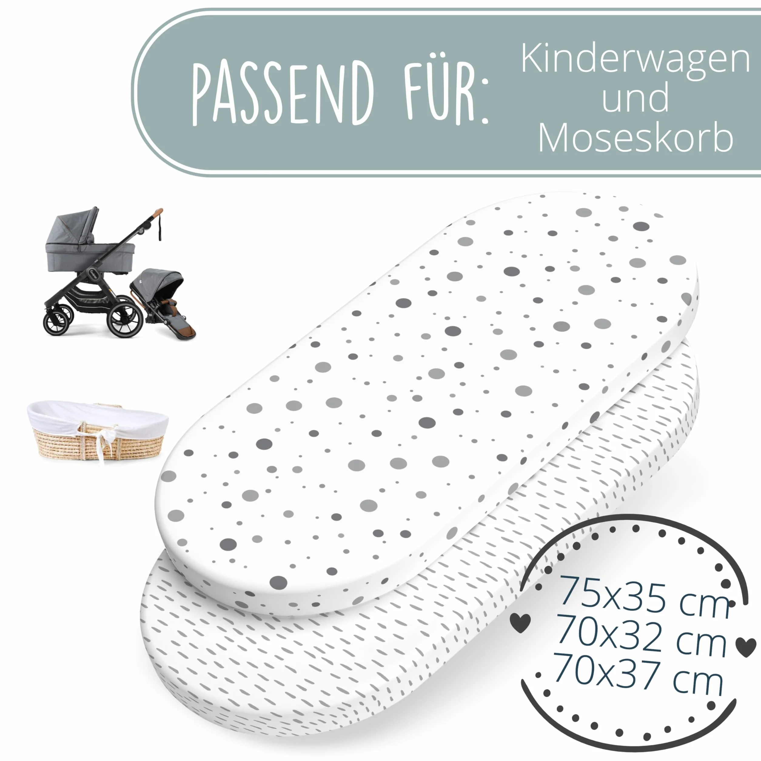 mimaDu - Zestaw 2 prześcieradeł z gumką z bawełny OekoTex 75 x 35 cm również na 70 x 32, 70 x 37, 70 x 30 - prześcieradła z gumką do wózków dziecięcych, wózków wiklinowych, kosza Mojżesza