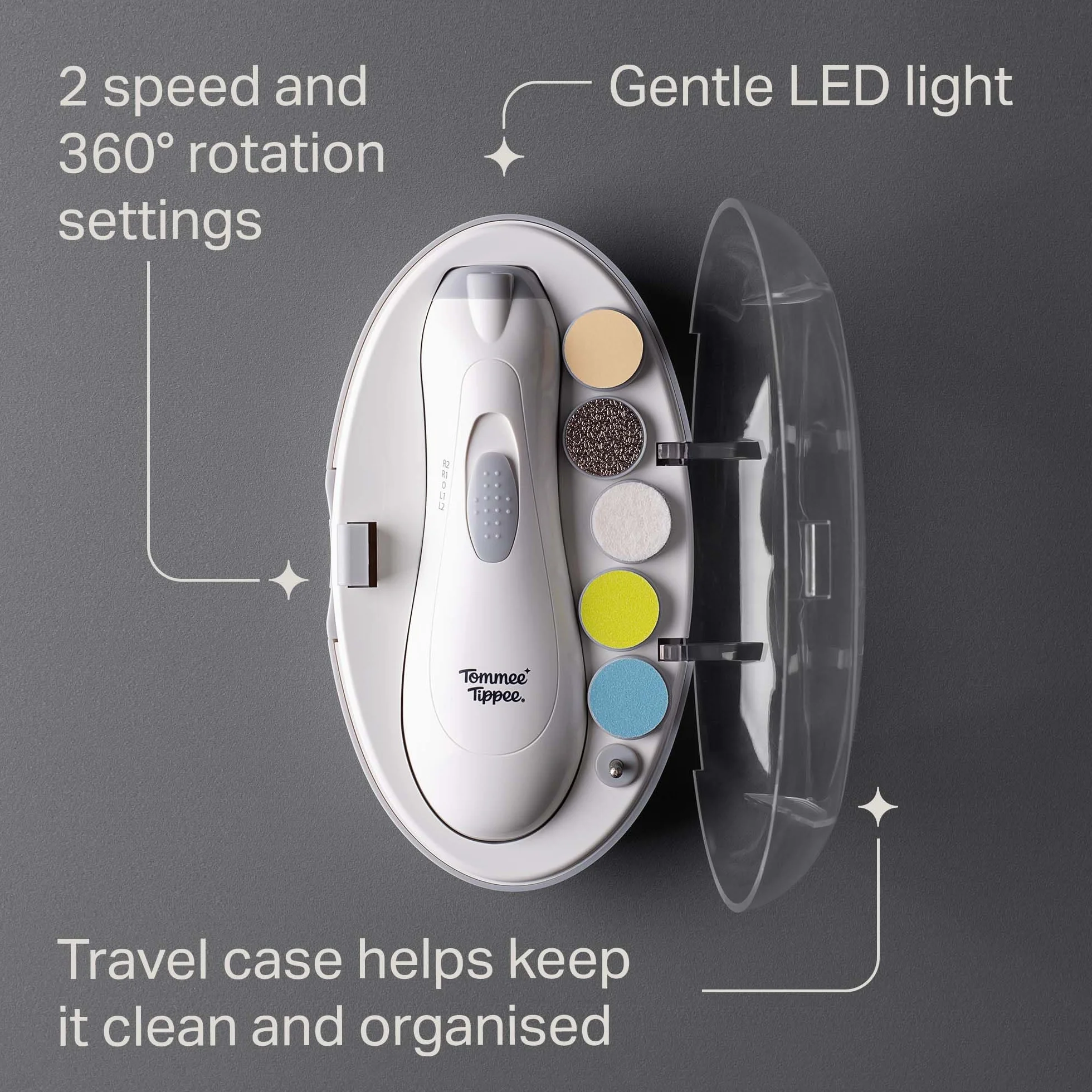Tommee Tippee Elektryczny obcinacz do paznokci dla dzieci, akumulator, 6 w 1 ze światłem LED, bezpieczny i cichy silnik, zestaw manicure dla niemowląt i dorosłych, 0-12 miesięcy+