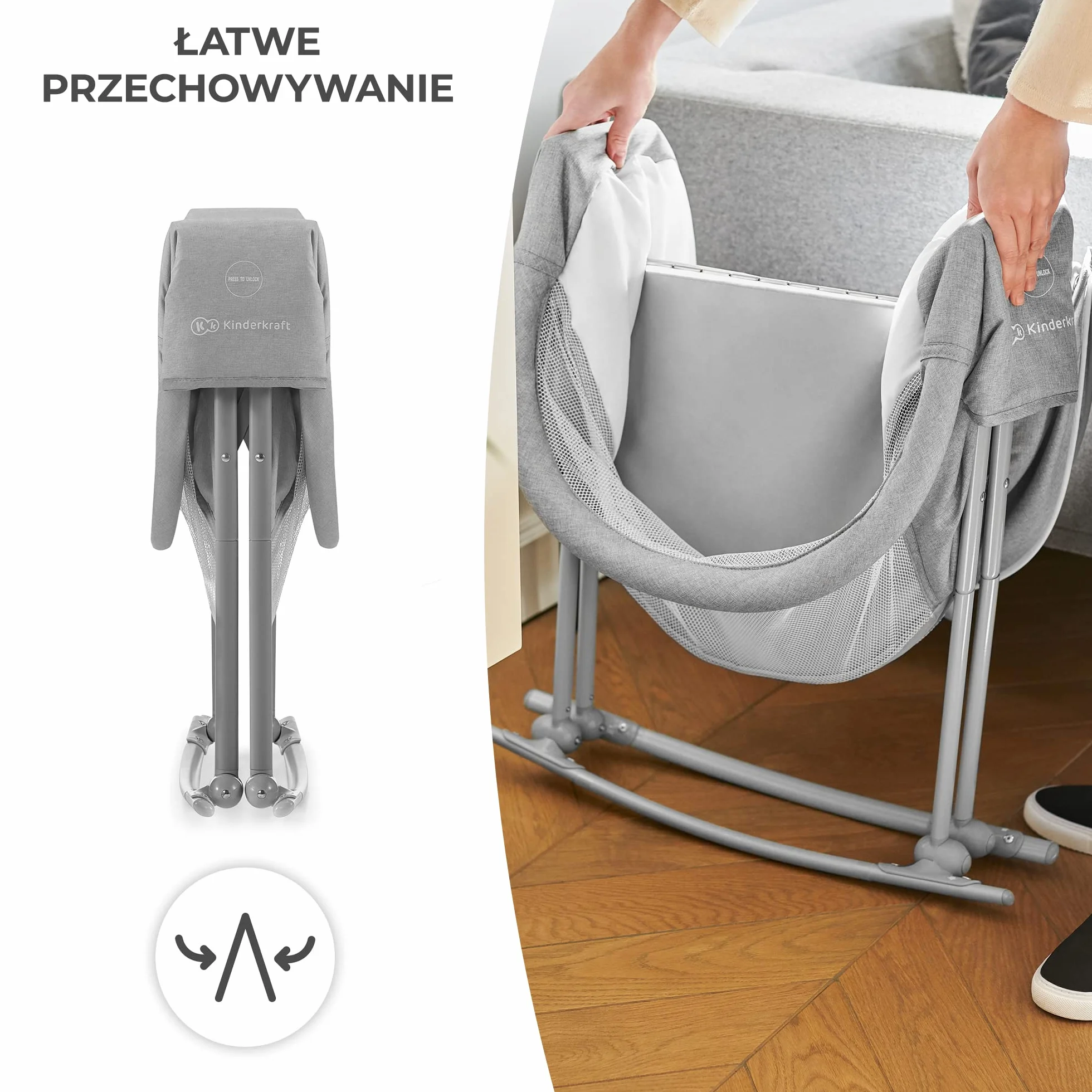 Kinderkraft Łóżeczko dziecięce 3w1 LOVI, Łóżko turystyczne, Kołyska, Proste składanie, Pałąc z zestawem zabawek i moskitera w zestawie, Regulowana budka, Torba ułatwiająca transport, do 9 kg, Szary