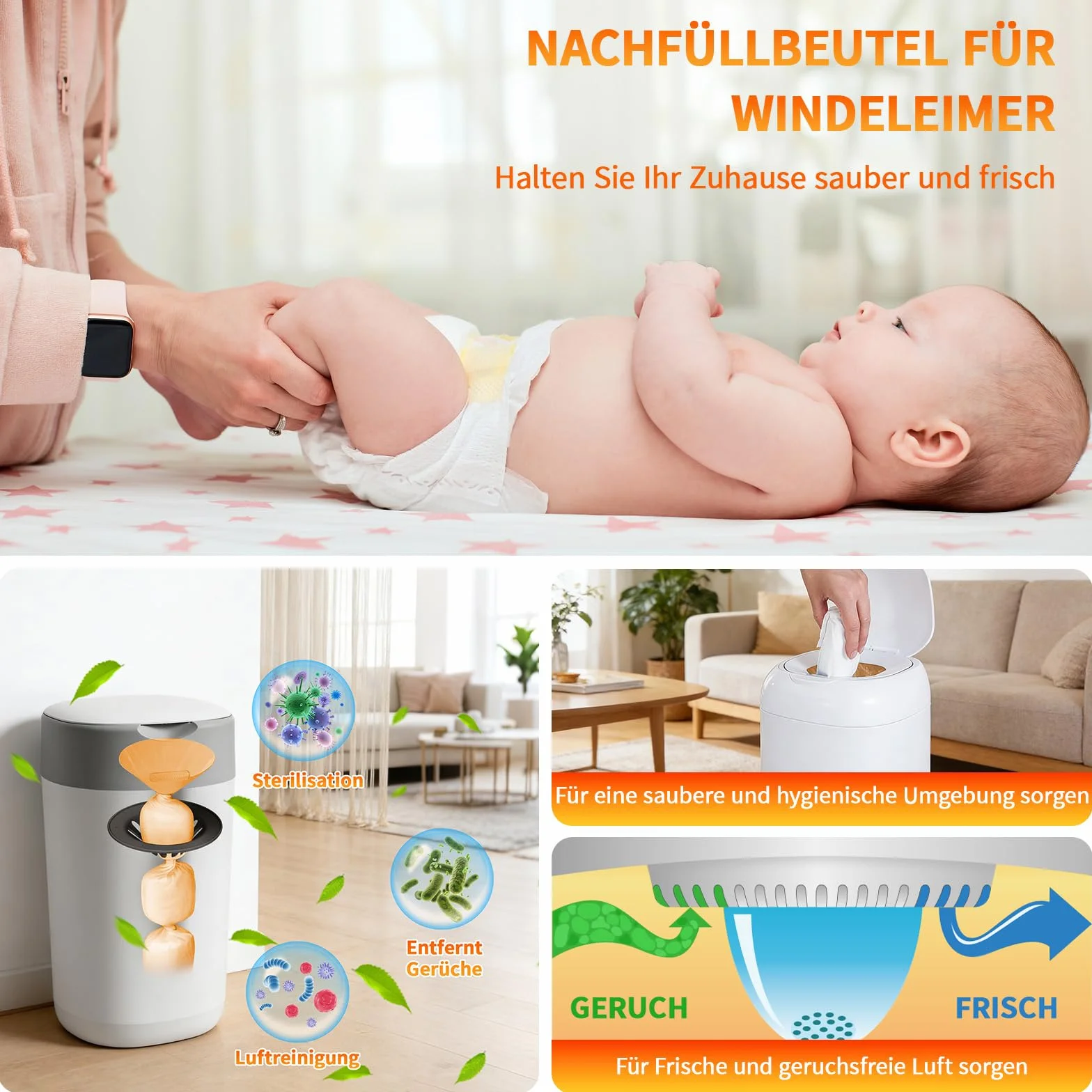 12 sztuk pojemników na pieluchy, wkłady uzupełniające, folia uzupełniająca, worki na pieluchy, bezzapachowe, zagęszczone, kompatybilne z wiaderkami na pieluchy i kotami