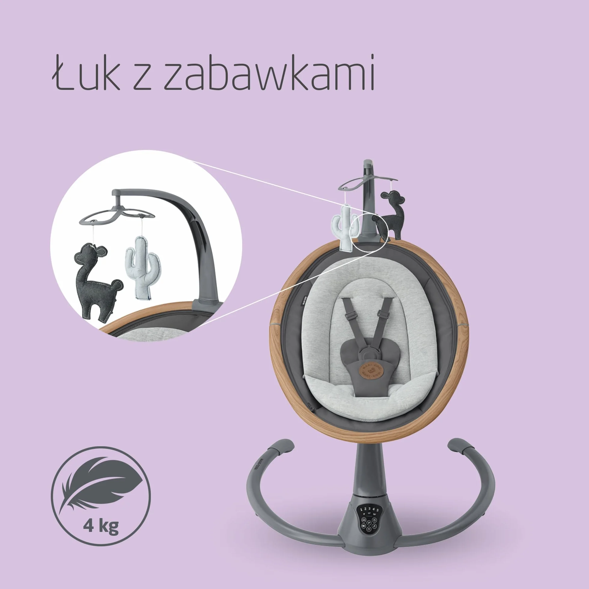 Maxi-Cosi Cassia Huśtawka Elektryczna Dla Niemowląt, 0–6 mies., maks. 9 kg, bujaczek leżaczek, 12 melodii, obrac. siedziska 360°, Autowykryw. ruchu, 5 prędk., 2 poz. odchylenia, Essential Graphite