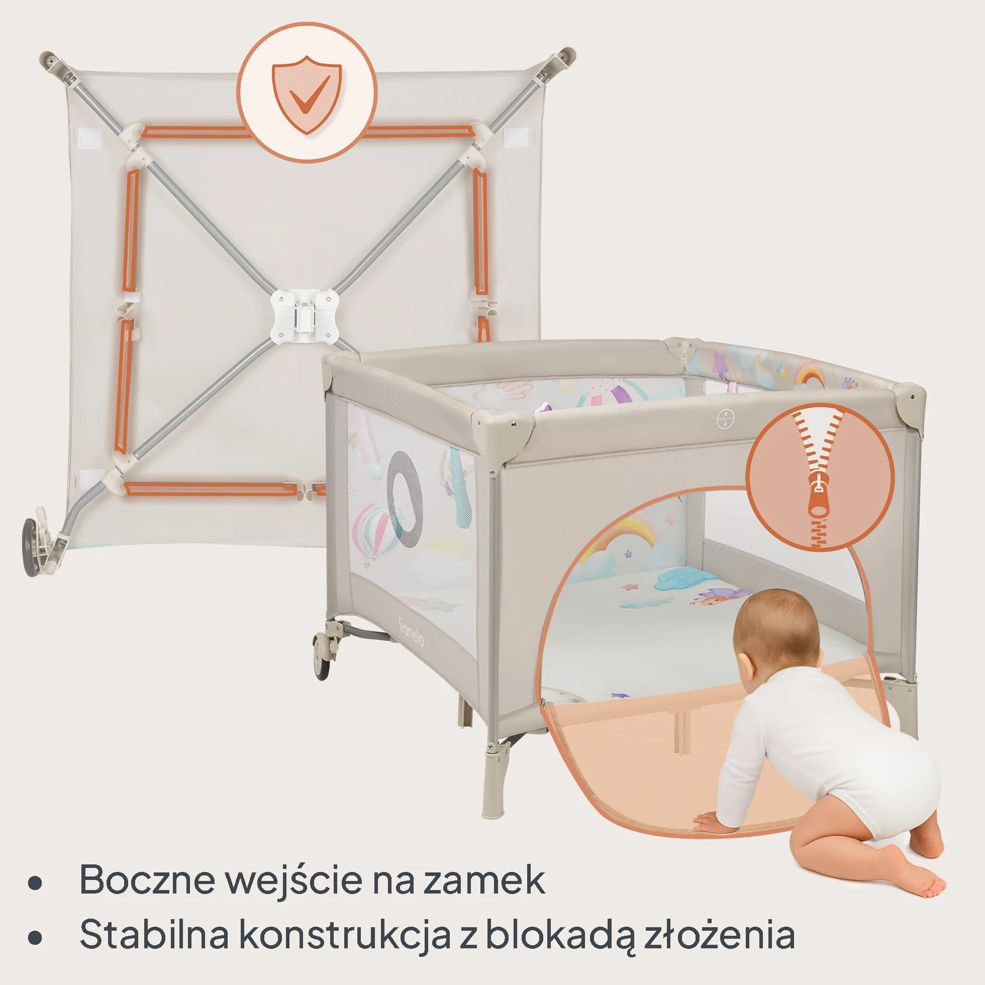 LIONELO Kojec dziecięcy 2 w 1 Łóżeczko Turystyczne Podróżne MILLE PLUS do 15 kg 0-36 miesięcy, Boczne Wejście, Materac 3D, 2 Koła z Hamulcem Łatwe Składanie, Torba Transportowa
