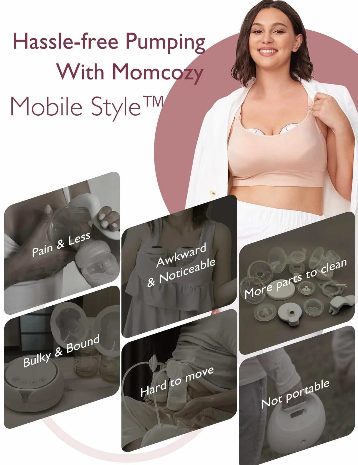 Momcozy laktator mobilny Style | M6, przenośna pompka do karmienia piersią, idealny rytm dla większej ilości mleka, podwójny kołnierz DoubleFit, większa elastyczność i dyskrecja z 3 trybami i 9
