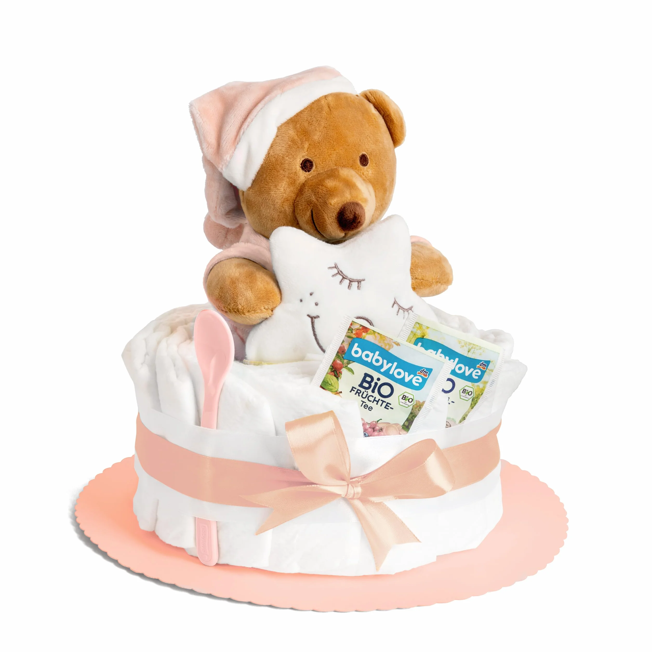 Pieluchy tort boho z pluszakiem dla dziewcząt lub chłopców, prezent z okazji narodzin matki, chrztu lub przyjęcia dla dziecka – pomysł na prezent z pieluchami dla noworodków – w zestawie kartka z