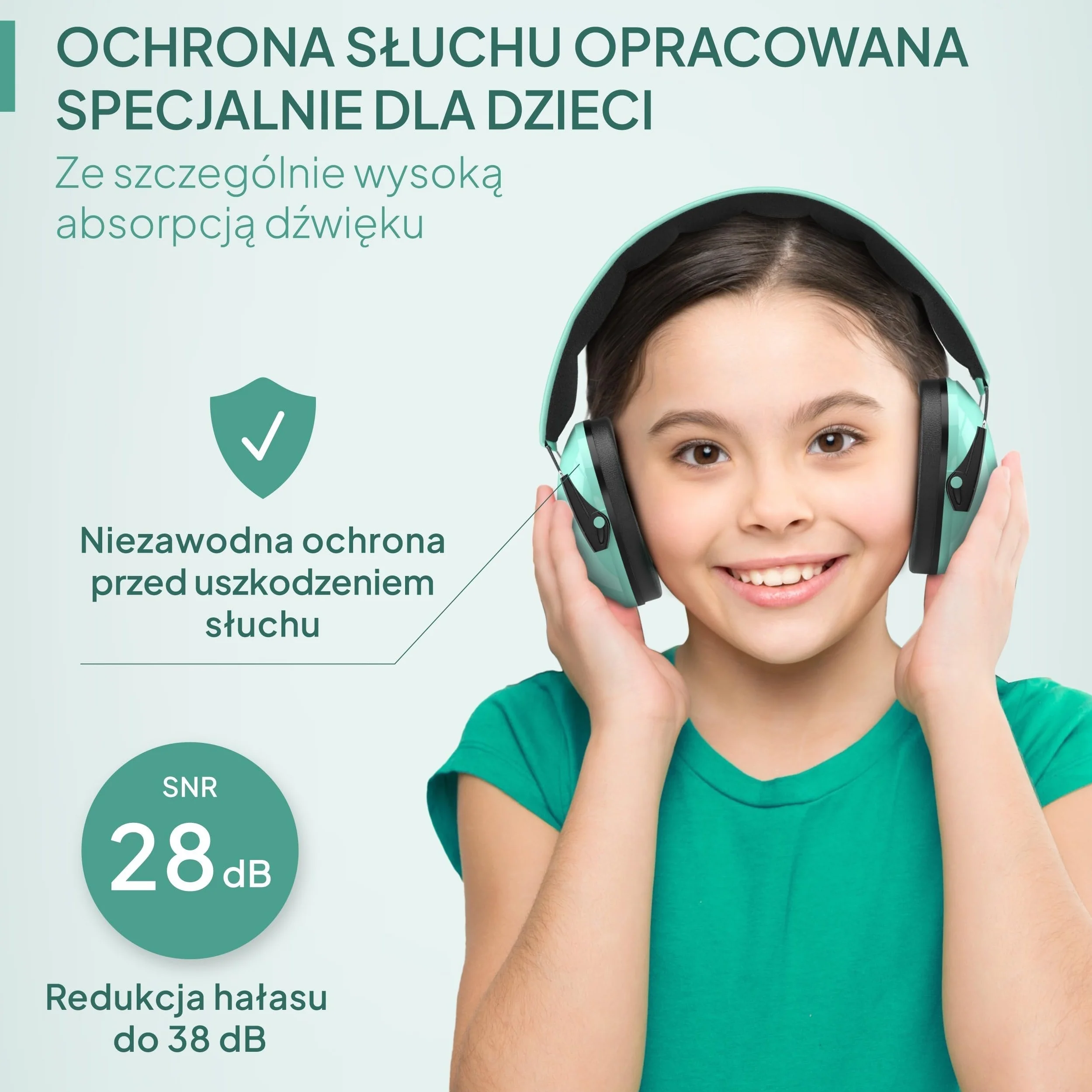 Senner ® KidsPro | Ochrona słuchu dla dzieci - Nauszniki z wysokim SNR 28 dB - do 12 lat - Regulowane - Ochronniki słuchu dla dzieci - Turkusowe