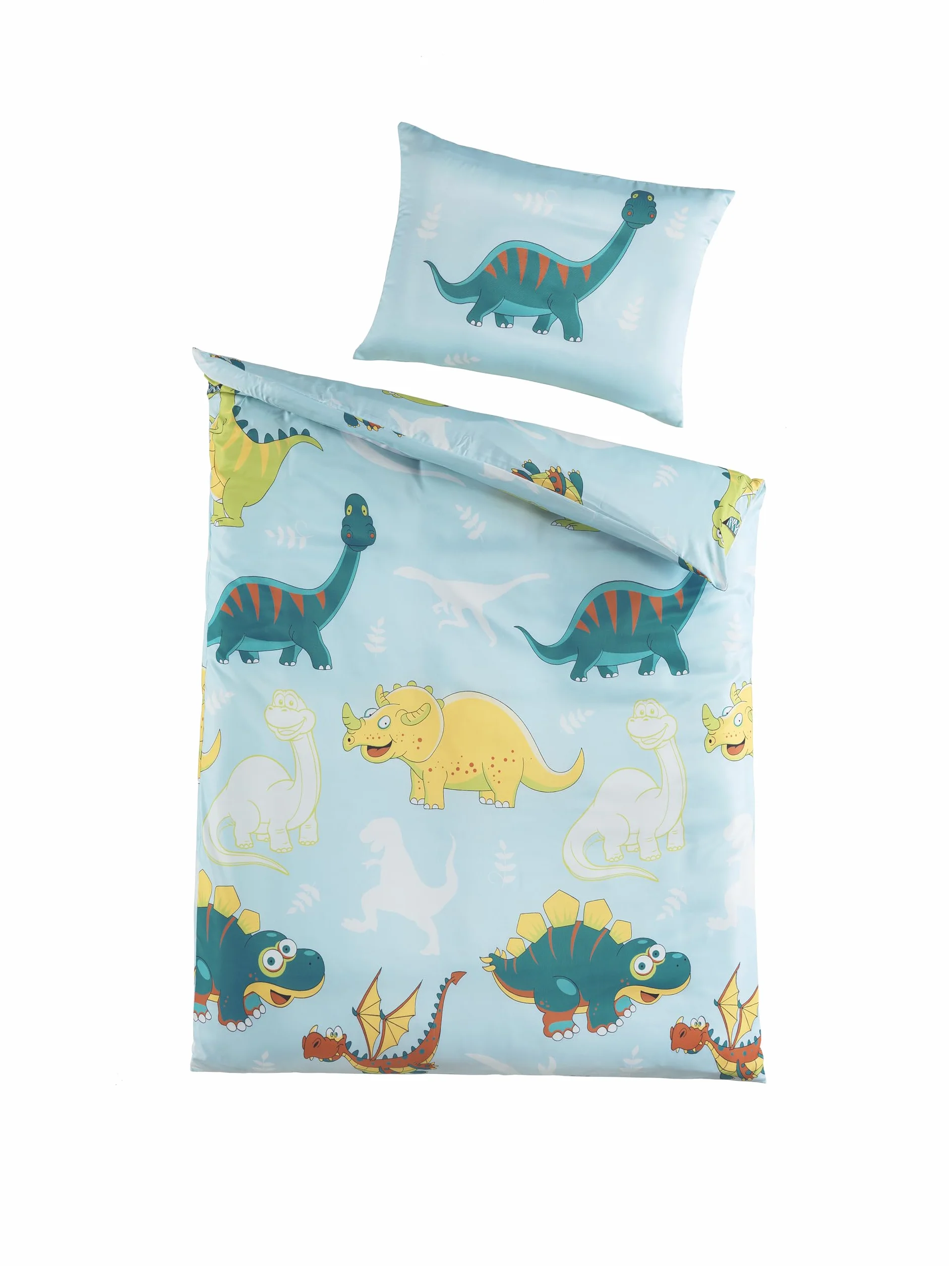 BaSaTex Komplet pościeli dziecięcej dla dziewczynek i chłopców, 100 x 135 cm + 40 x 60 cm, 100% poliestrowa mikrofibra, zamek błyskawiczny, dinozaury, smoki, niebieski/biały