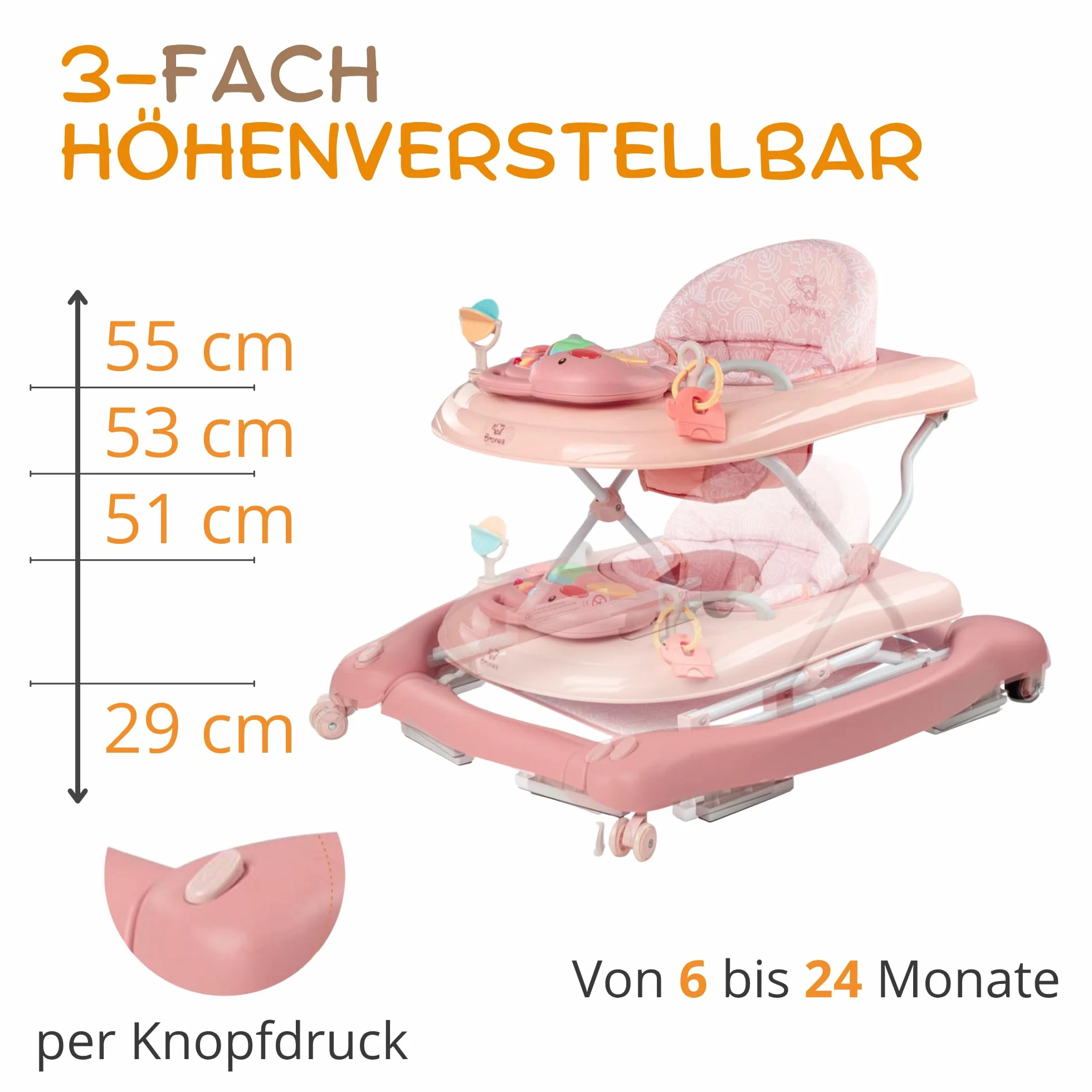 5 w 1 Baby Walker chodzik z funkcją kołysania, muzyka i światło, pomoc w chodzeniu dla dzieci od 6 miesięcy, regulacja wysokości, składany, różowy