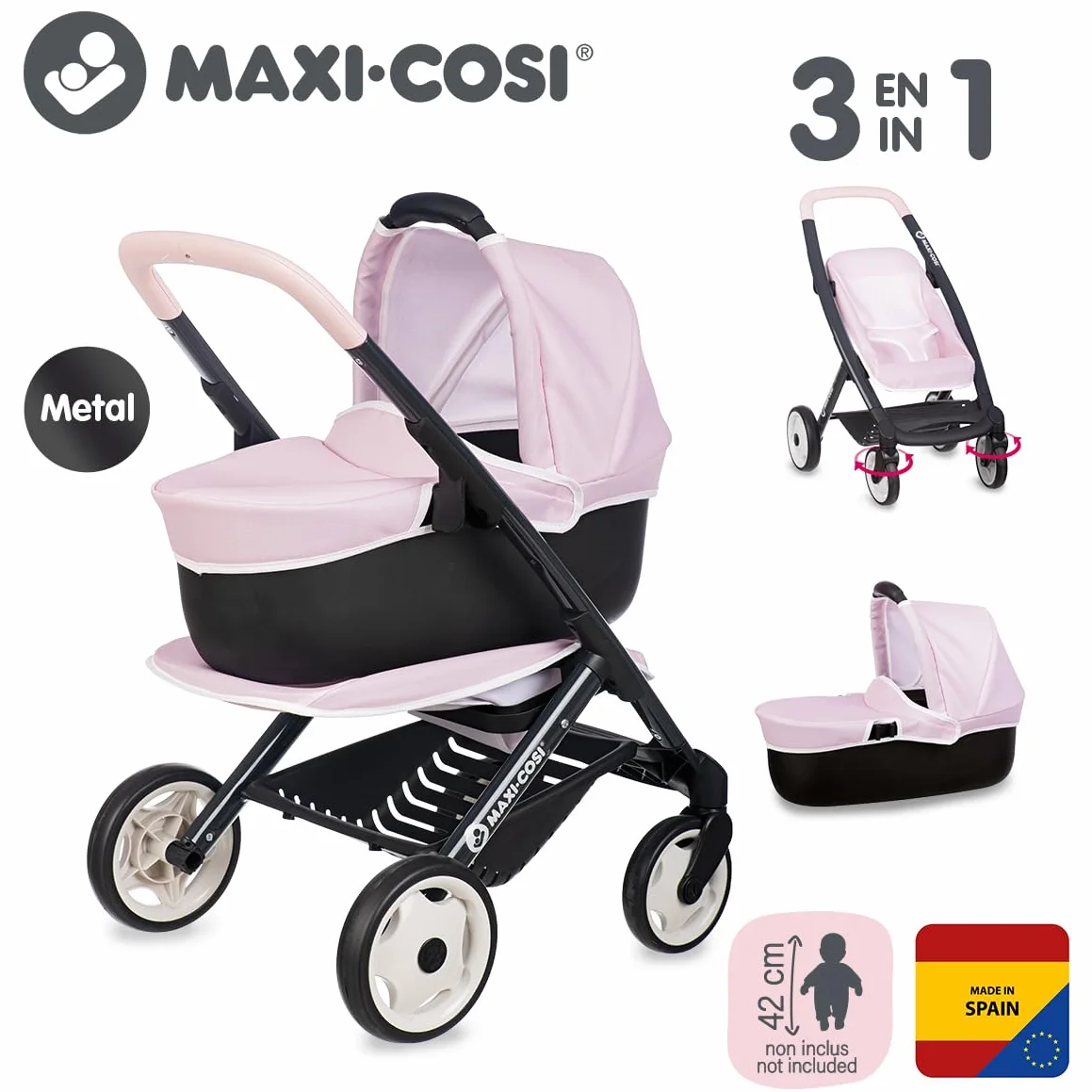 Smoby - Maxi-Cosi - Różowy wózek spacerowy i głęboki - Dla lalek do 42 cm - 3 w 1 - Imitacja zabawki - Ciche i wielokierunkowe koła - Duży kosz do przechowywania - Od 3 lat - Wyprodukowano w Hiszpanii