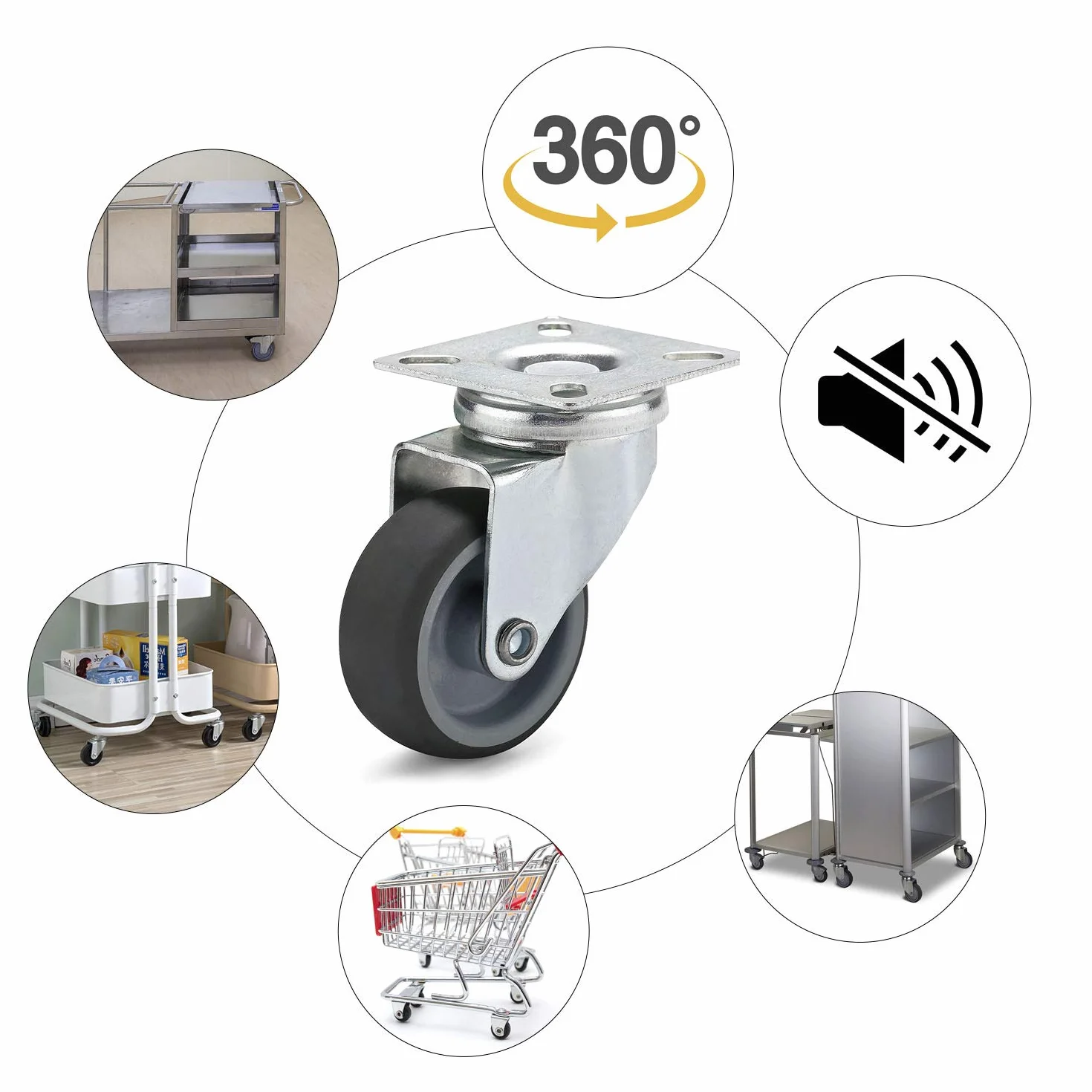 Gumowe kółka skrętne Ø 50 mm do mebli, nośność 50 kg, 12 sztuk z 48 śrubami
