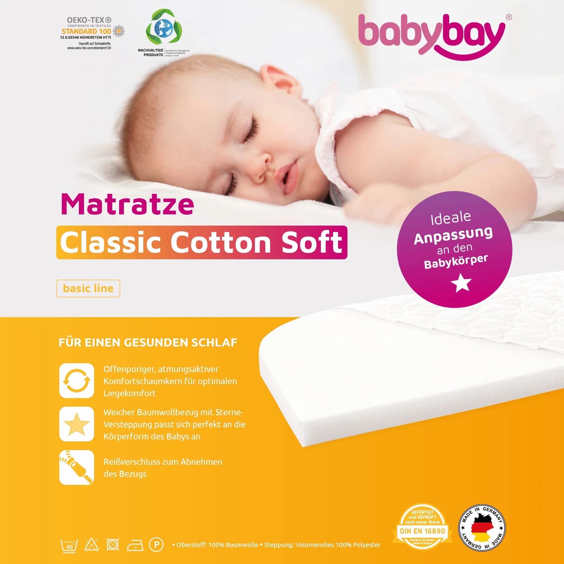 babybay Materac dostawiany Classic Cotton Soft pasuje do modelu Original