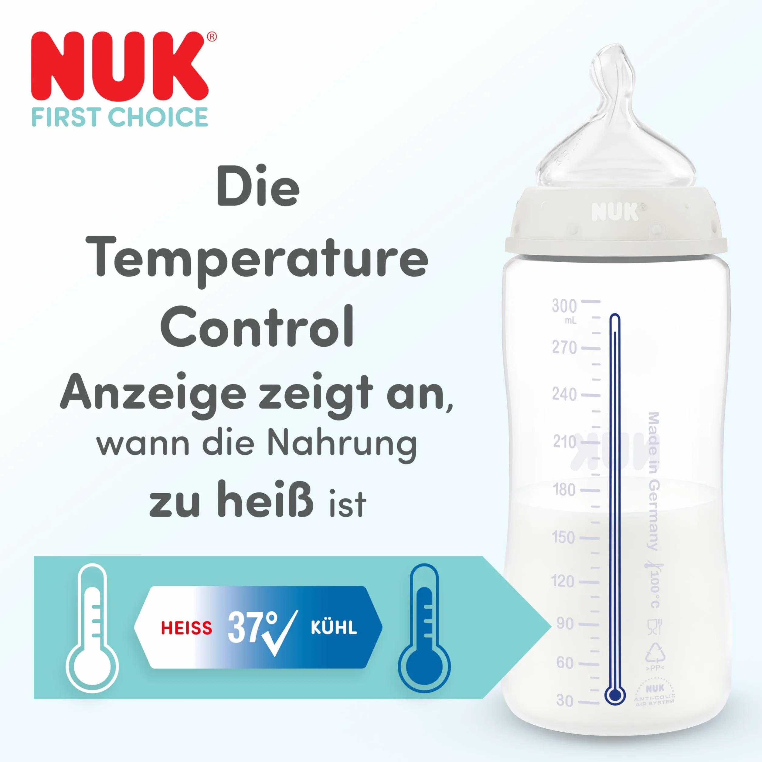 NUK First Choice Butelka dla niemowląt | 3+ miesiące | 300 ml | Butelka przeciwkolkowa | PP | Wskaźnik kontroli temperatury | Wieloryb | 1 sztuka