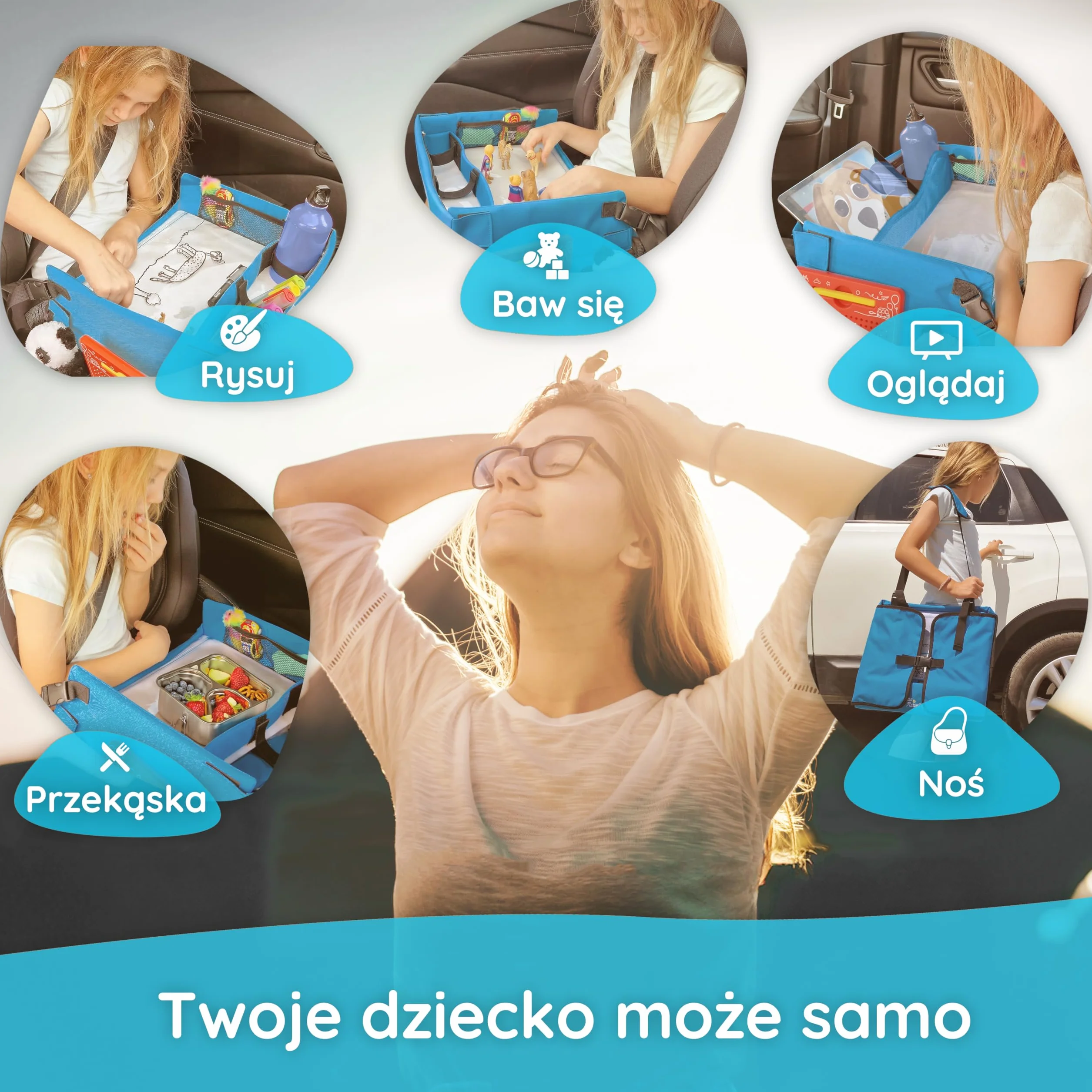 Mamas Reise Hacks Stół podróżny do samochodu dla dzieci – [ze stoperem na tablet i grą samochodową] na tylne siedzenie i jazdę samochodem – stolik dziecięcy, stolik do zabawy, taca na kolana