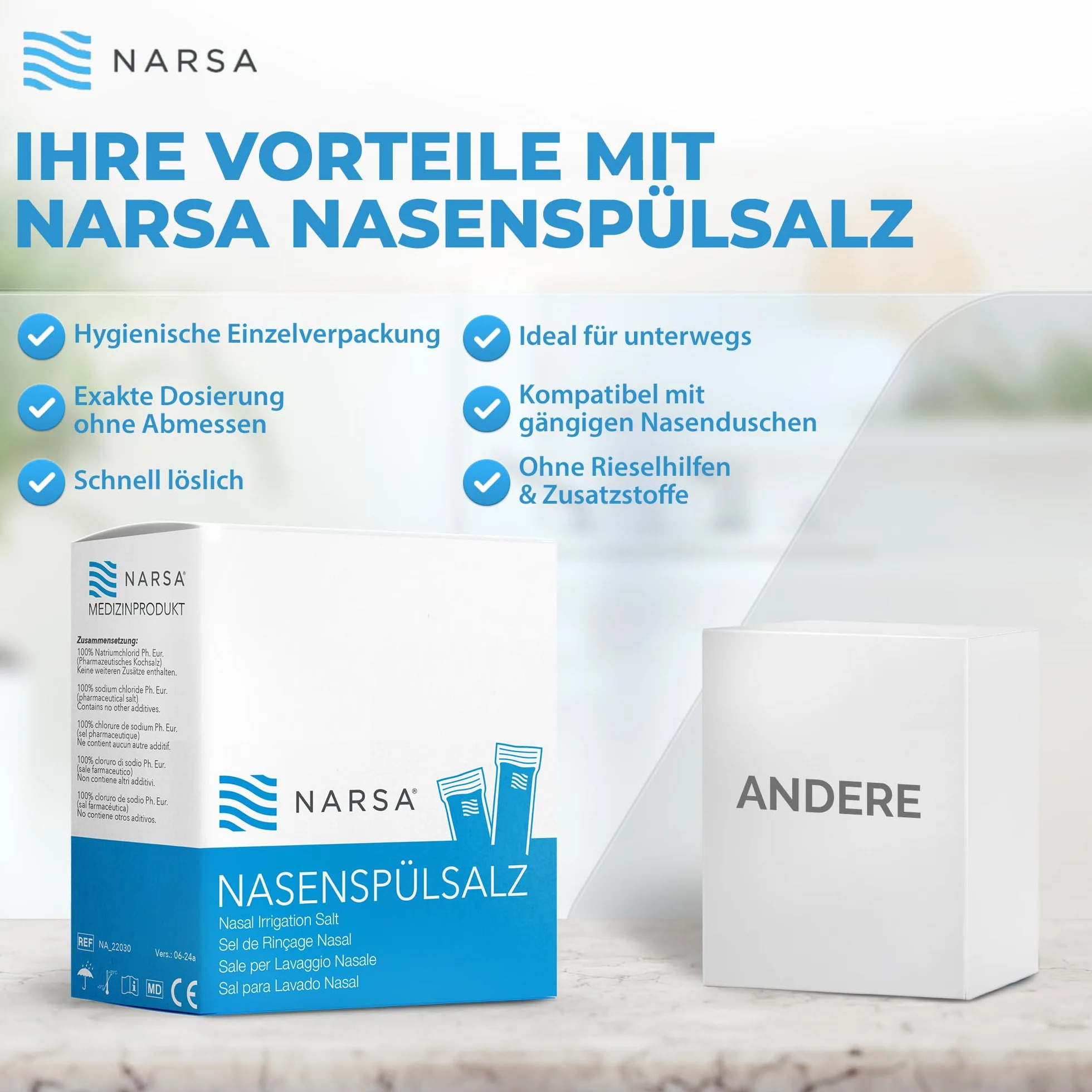 30 x sól do płukania nosa · duże opakowanie · praktyczne pałeczki · NARSA® sól do nosa do nosa