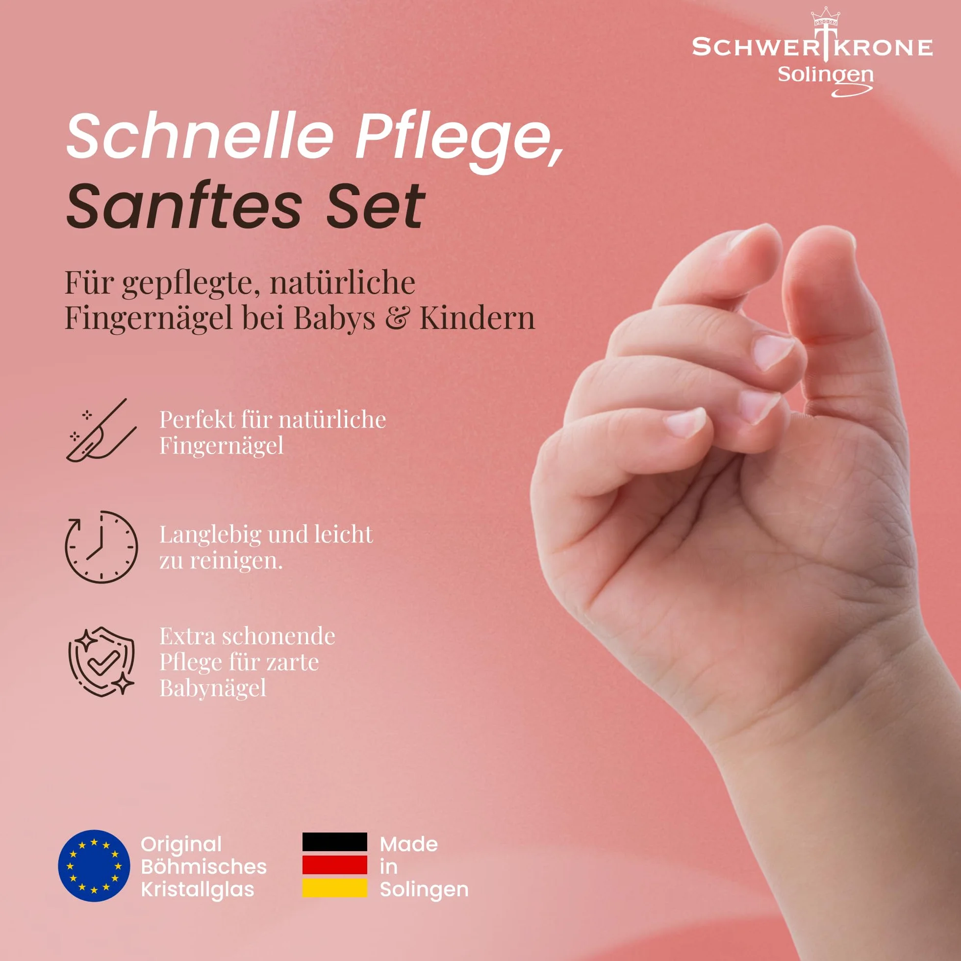 SCHWERTKRONE Solinger zestaw do paznokci dla niemowląt – nożyczki do paznokci dla niemowląt z zaokrągloną końcówką i szklanym pilnikiem do paznokci z czeskiego kryształu – bezpieczne i delikatne dla