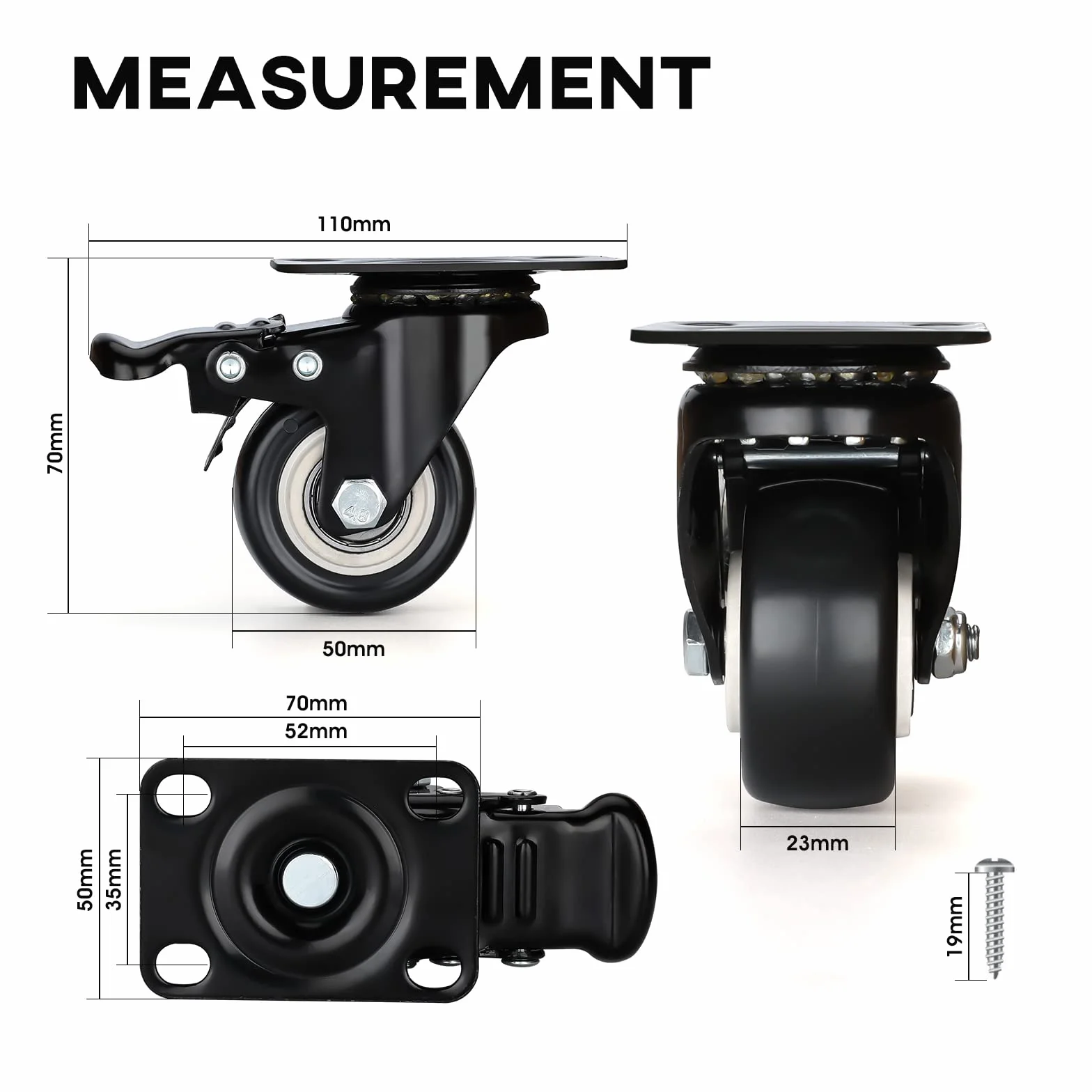 LONTAN Zestaw 4 kółek meblowych z hamulcem, 50 mm, kółka do dużych obciążeń, do mebli, całkowity udźwig 280 kg, kółka skrętne, kółka do mebli, rolki transportowe, kółka gumowe