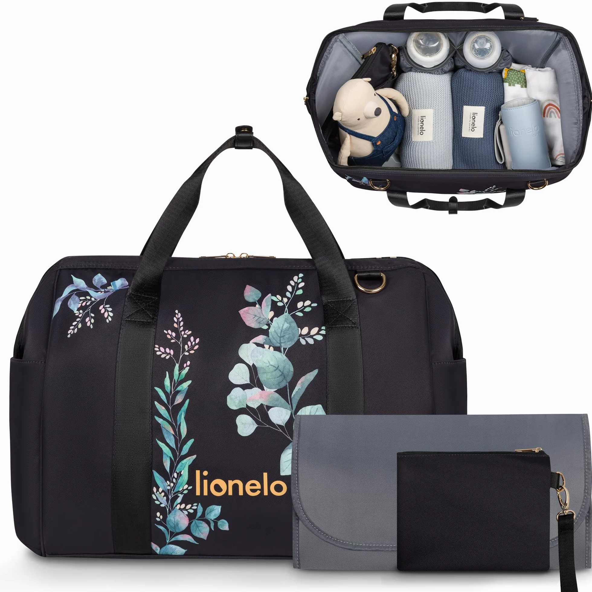 LIONELO Ida torba do wózka Mommy Bag, 7 kieszeni, wytrzymała tkanina, termo-kieszenie na butelki, wzmocnione podłoże, kosmetyczka, mata do przewijania w zestawie, uchwyty na wózek (Szary) (Czarny)