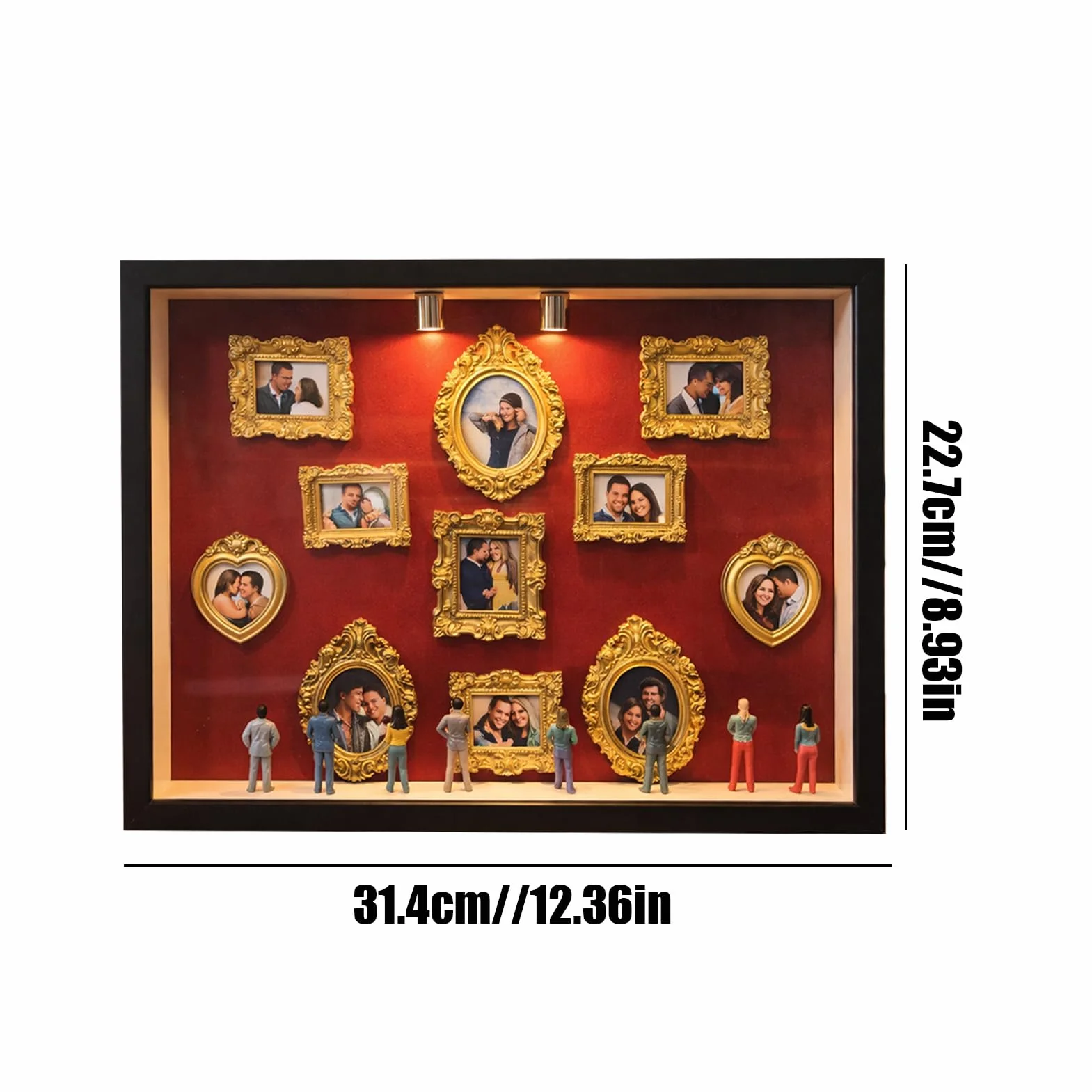 Mini muzeum DIY ramka zdj?cia, zestaw 11 z?otych mini ramek, 8 przypadkowych figurek, ?wiat?o LED rocznic?, wesele i do dekoracji, 22,7 x 31,4 x 3,7 cm, Czarna