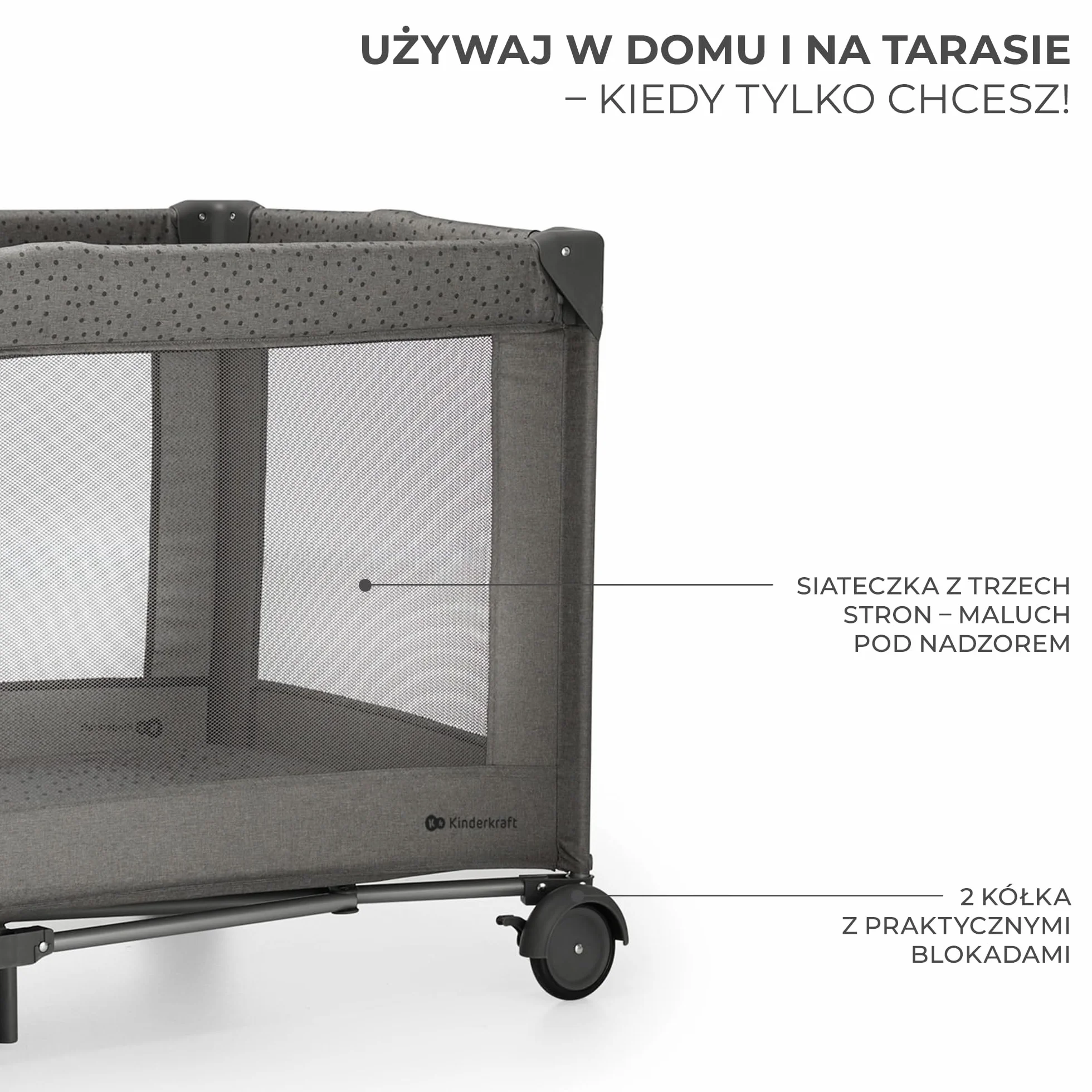 Kinderkraft JOY 2 Łóżeczko turystyczne 2 w 1, Boczne wejście, Szybkie składanie i rozkładanie, Zabezpieczenie przed złożeniem, Kółka i torba ułatwiające transport, Szary