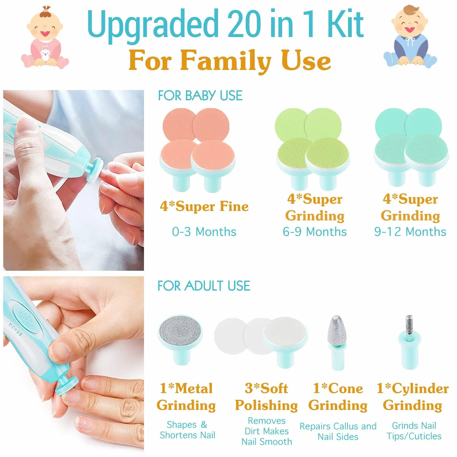 Baby Nail Clipper 20 in 1, Electric Baby Nail Trimmer,Baby Nail File Kit with Extra 12 Replacement Pads,Trim Polish Grooming Kit for Newborn Infant Toddler or Adults Toes Fingernails Care,Blue