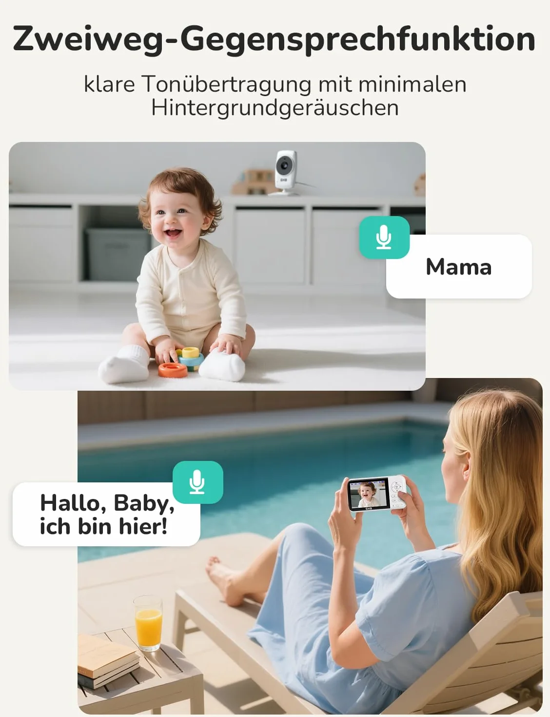 GHB Babyphone z kamerą, niania elektroniczna, 3,2-calowy wyświetlacz LCD, bateria 2100 mAh, 2-krotny zoom, czujnik temperatury, noktowizor, interkom