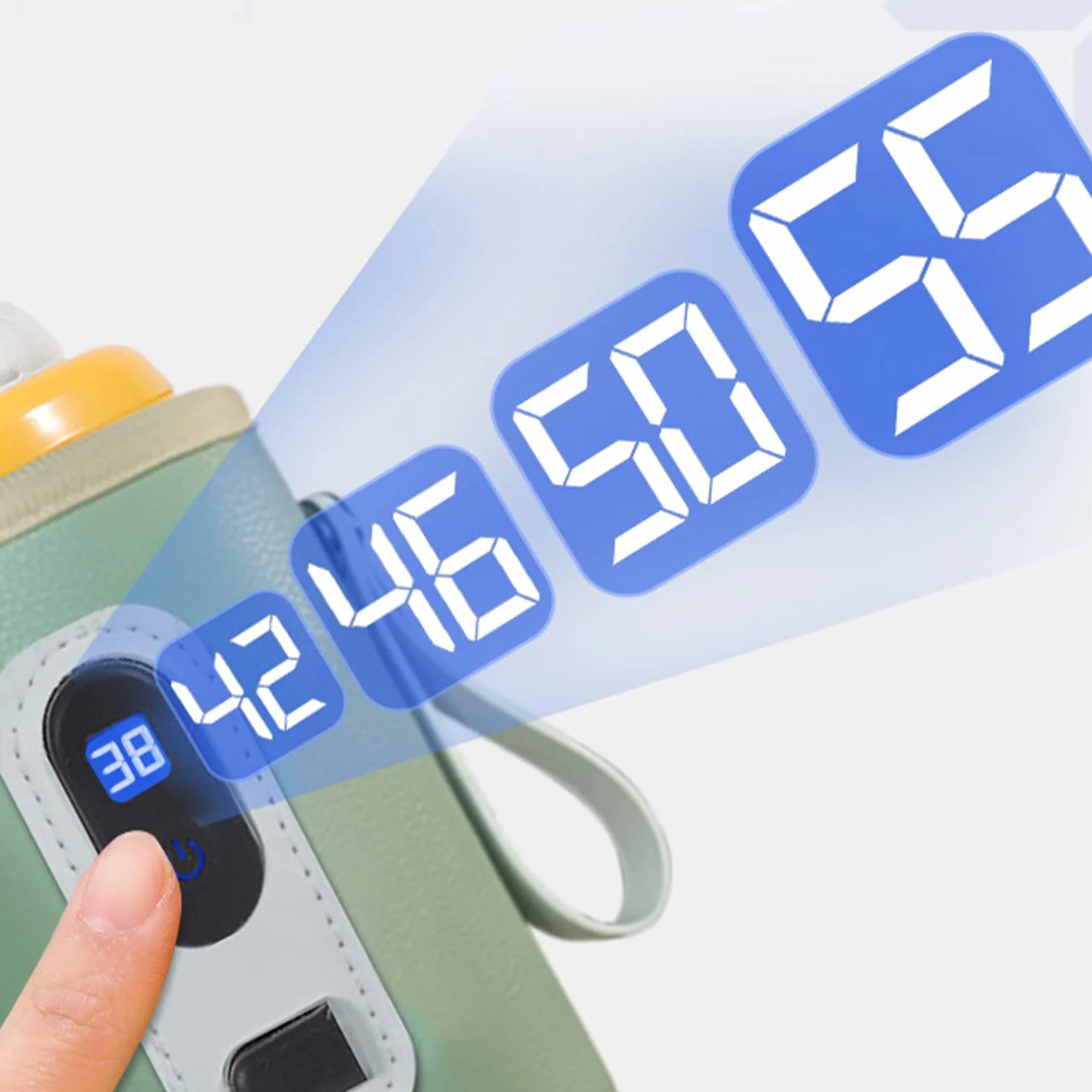 Przenośny ogrzewacz do butelek z USB, cyfrowy wyświetlacz LCD, regulacja temperatury 38-55°C, wodoszczelna tkanina z włókien, 8 x 14 cm, zielony