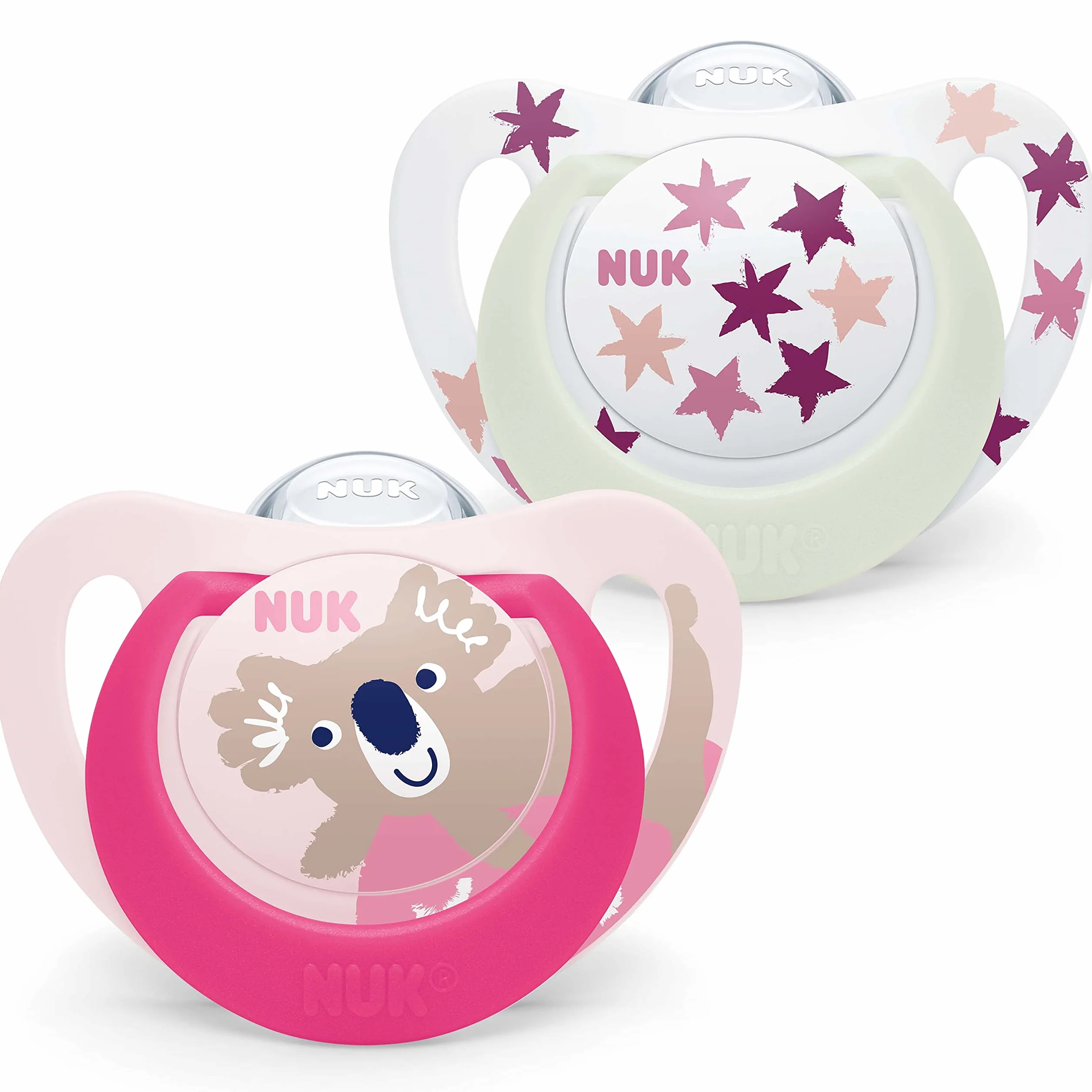 NUK Star Night & Day Smoczek dla niemowląt | 6-18 miesięcy | Świecące smoczki silikonowe, bez BPA, różowy Koala, 2 szt