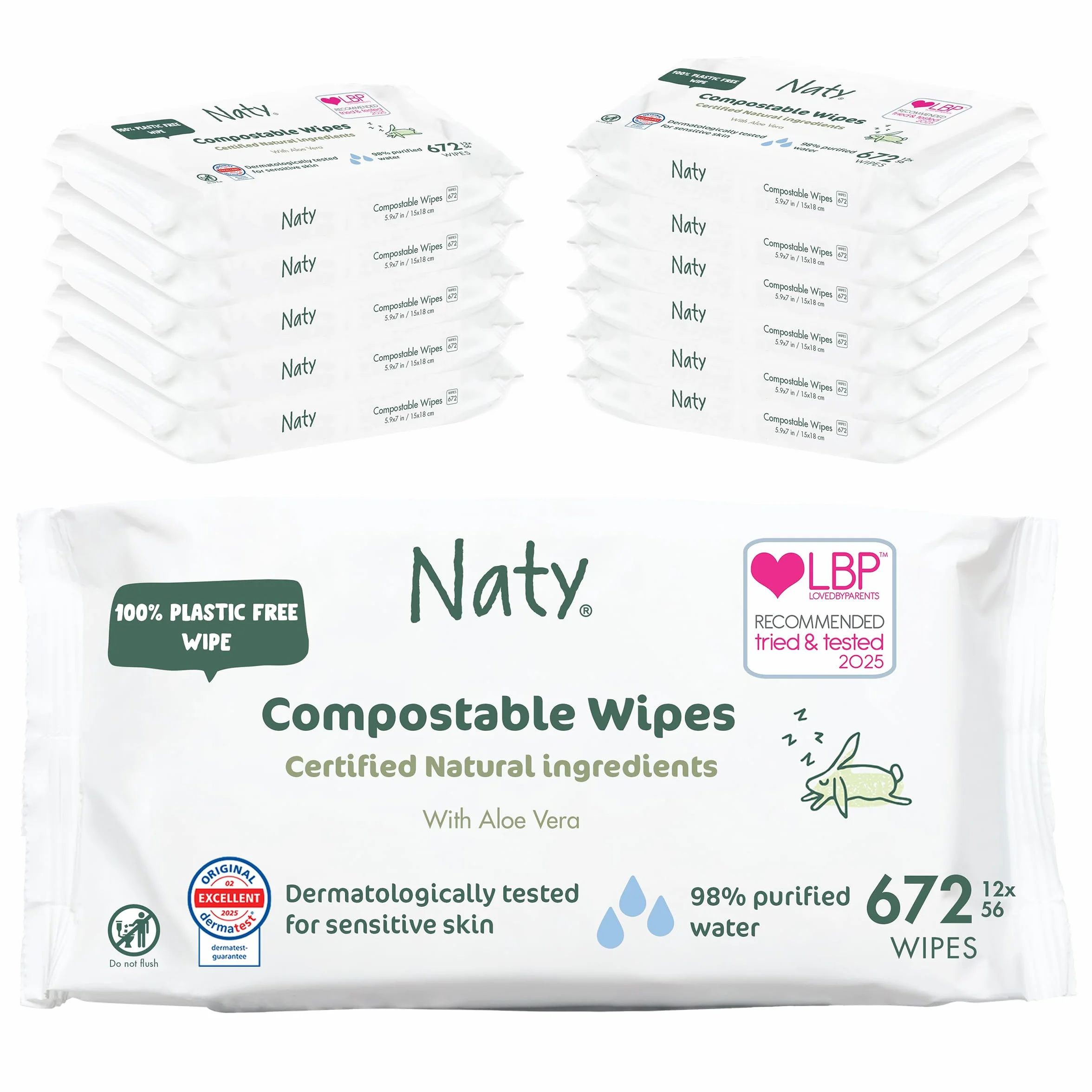Naty Chusteczki dla Niemowląt Aloe | 98% Wody, Hipoalergiczne & Naturalne dla Wrażliwej Skóry | Bez Zapachu, Roślinne | Delikatne Chusteczki Noworodek & Małe Dziecko | 672 sztuk (12 op.)