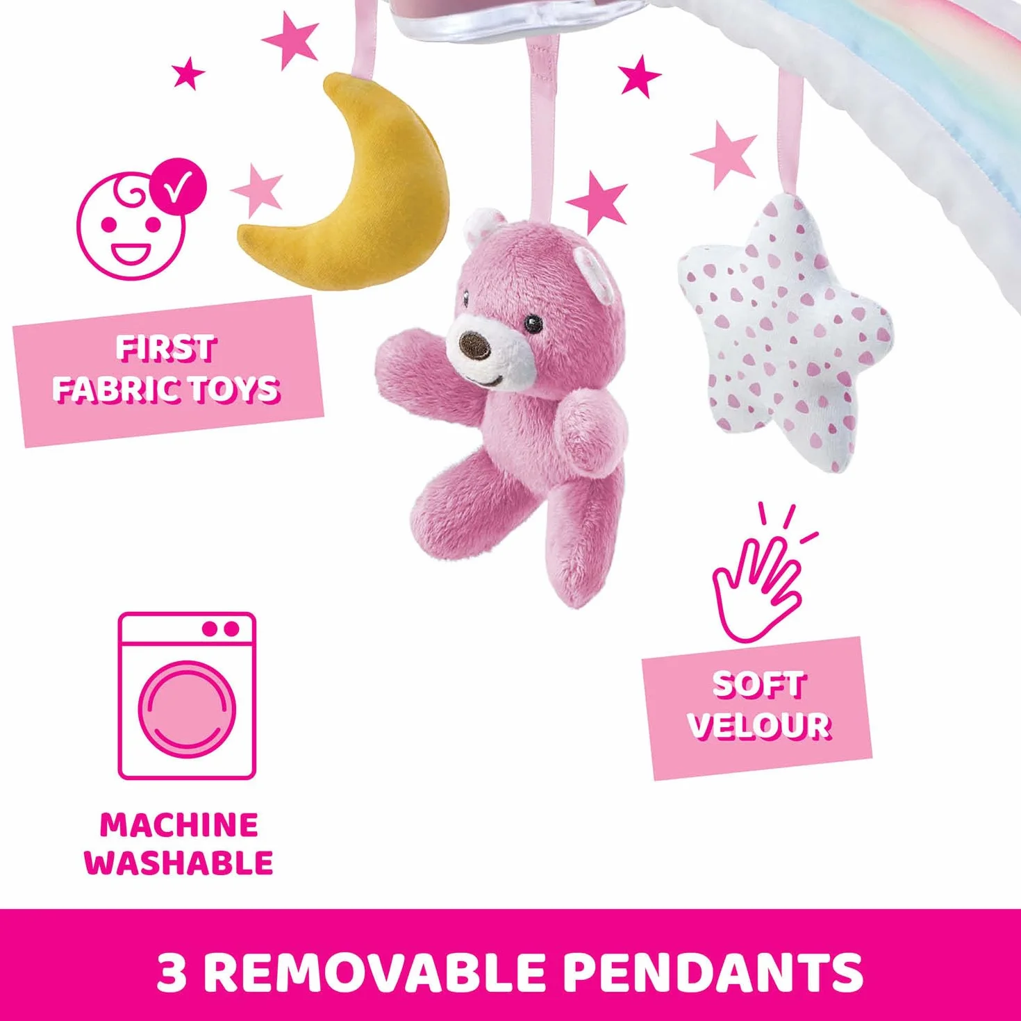 Chicco Panel na Łóżeczko Rainbow Sky 2w1 Kompatybilny z Next2Me, Panel Rainbow Sky Baby i Lampka Nocna dla Dzieci z Ralaksacyjną Muzyką - Zabawki dla Niemowląt 0 m+, Różowy