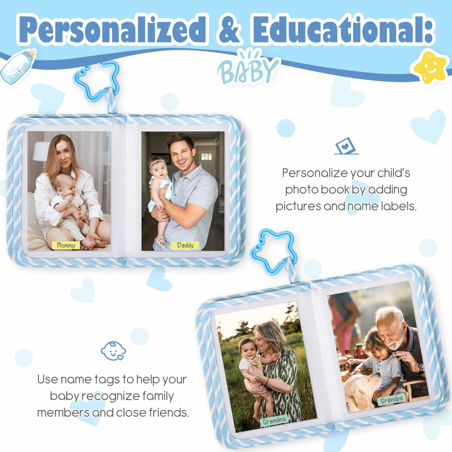 Lanpn Album na zdjęcia zawiera 17 zdjęć 10x15cm, Album Fotograficzny My First Miękka Książka Rodzinna z naklejkami na kartę z imieniem prezent na baby shower dzieci noworodki (Jednorożec, Niebieski)