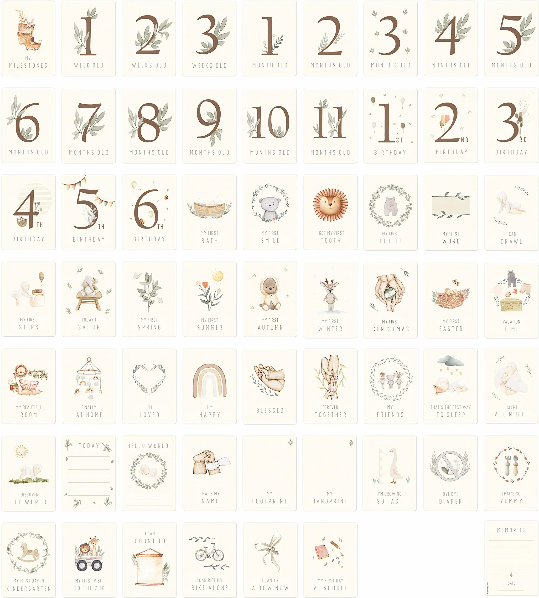 OLGS Baby Milestone Cards Monthly zestaw 60 kart Teddy Lou dla chłopca i dziewczynki, neutralne pod względem płci, Baby Milestones + pudełko magnetyczne, baby shower, prezenty na specjalne momenty