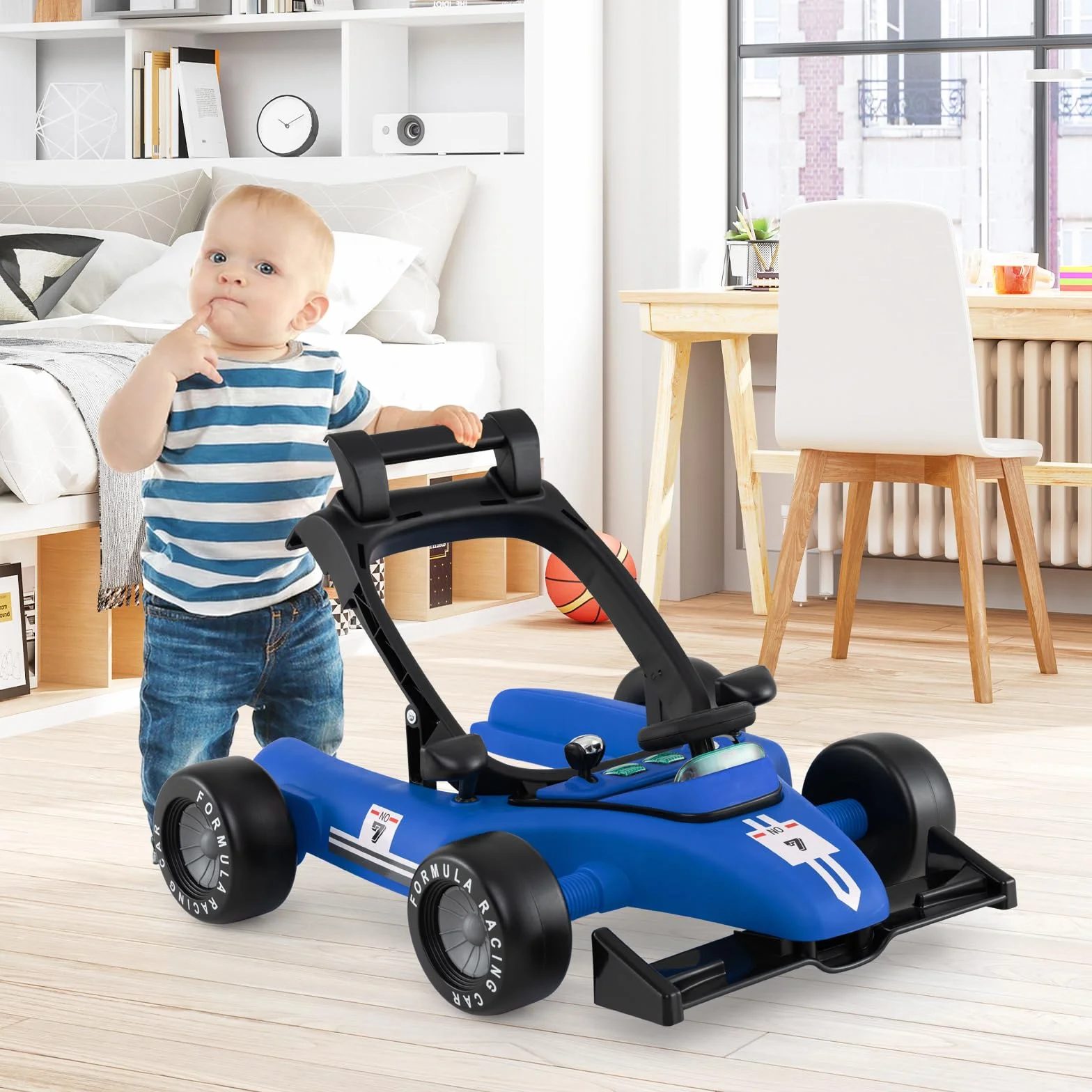 COSTWAY Pomoc w nauce chodzenia 4 w 1, wózek do nauki chodzenia, składany, z regulacją wysokości, Baby Walker w kształcie samochodu z kierownicą i pozytywką, wózek z kółkami dla dzieci w wieku 6-18