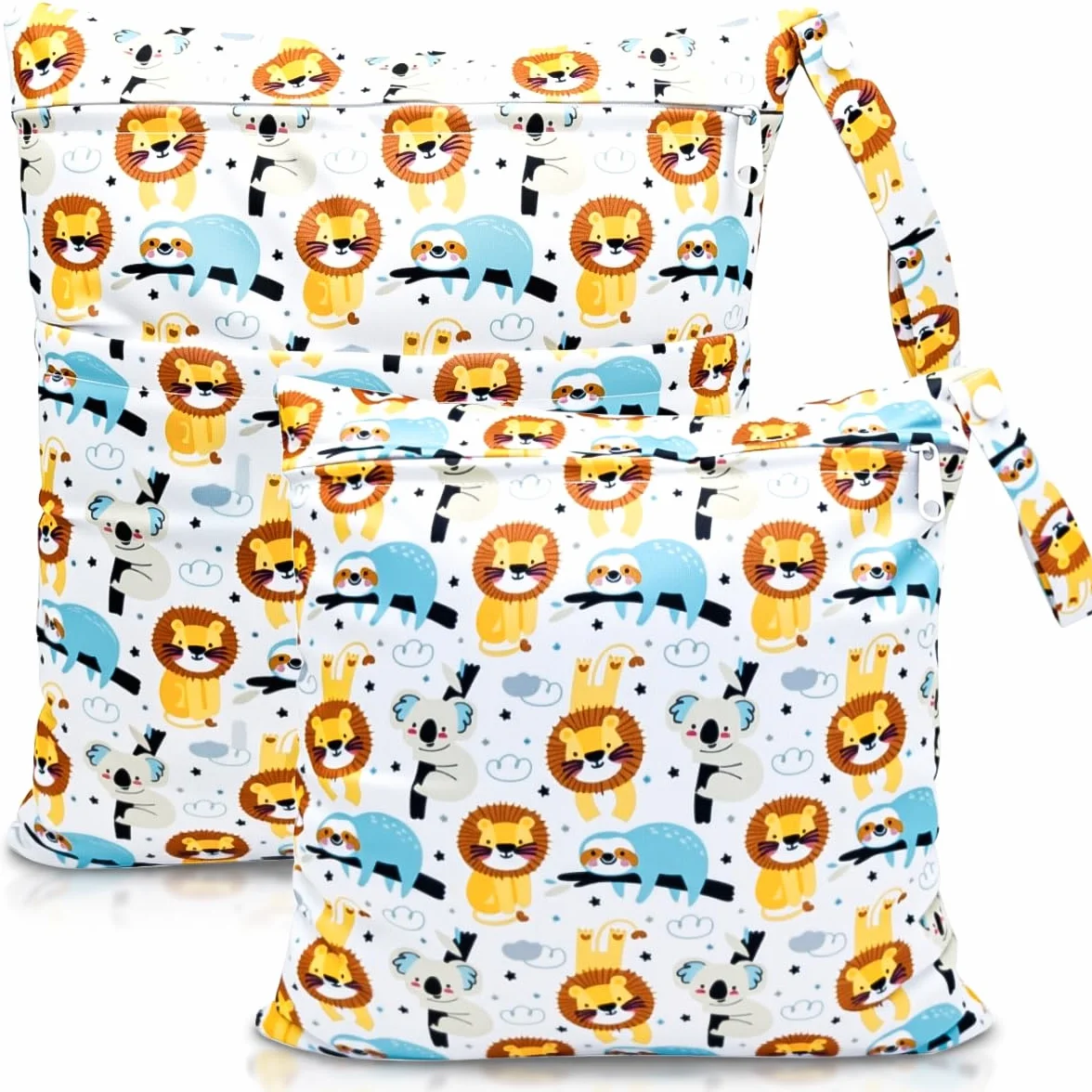 Wetbag, Torba na Pieluchy Wielokrotnego, 2 Pcs Organizerów na Pieluchy, Kieszeń na Mokro, Wodoszczelna Mokra Torba, Wet Dry Bag, Zmywalna na Siłownię Podróżną dla Niemowląt (Lew)