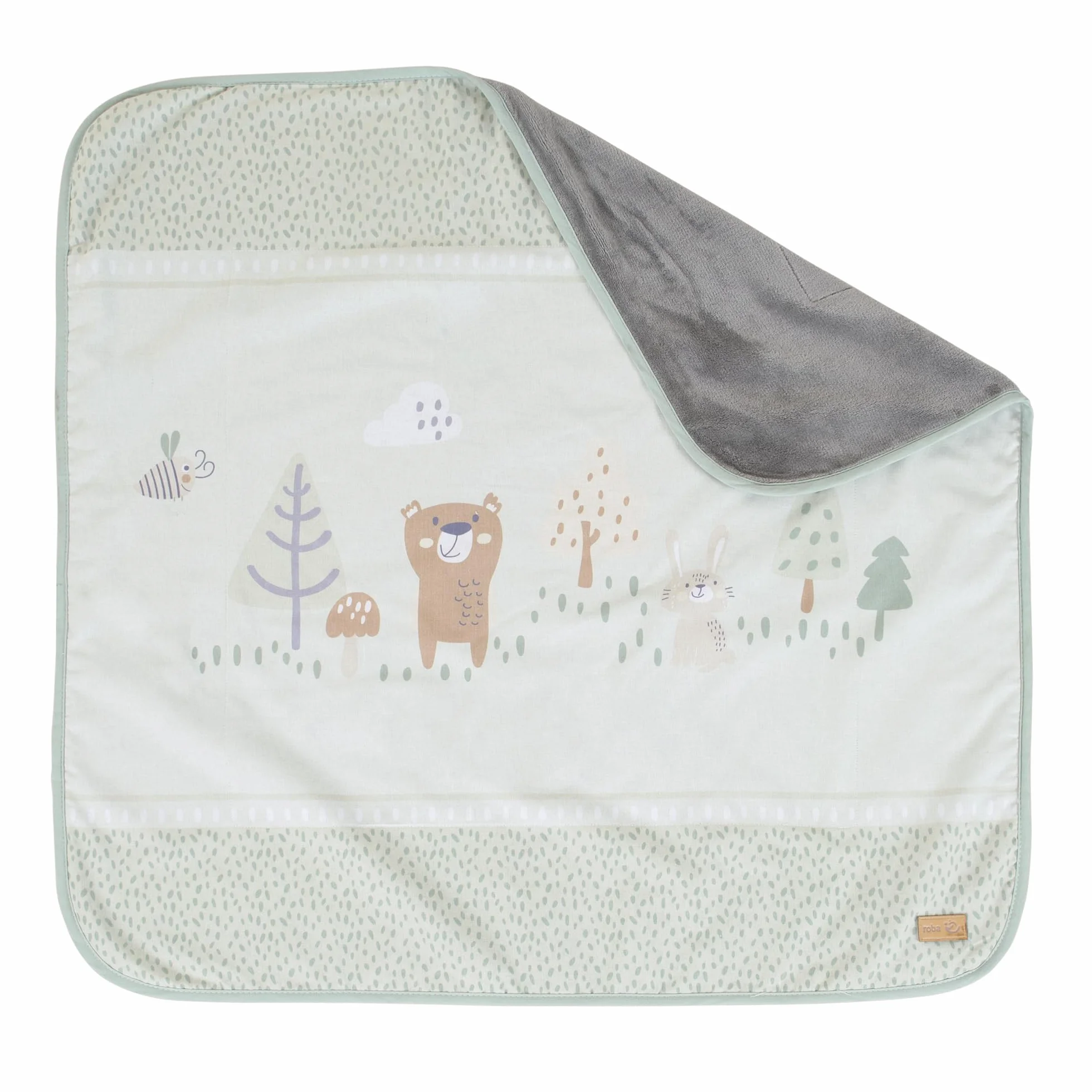 roba kocyk dla niemowląt Woodland Buddies 80 × 80 cm – koc dwustronny – bawełna & polar ultra miękki – motyw misia, zająca & pszczoły – pastelowa zieleń & srebrnoszary