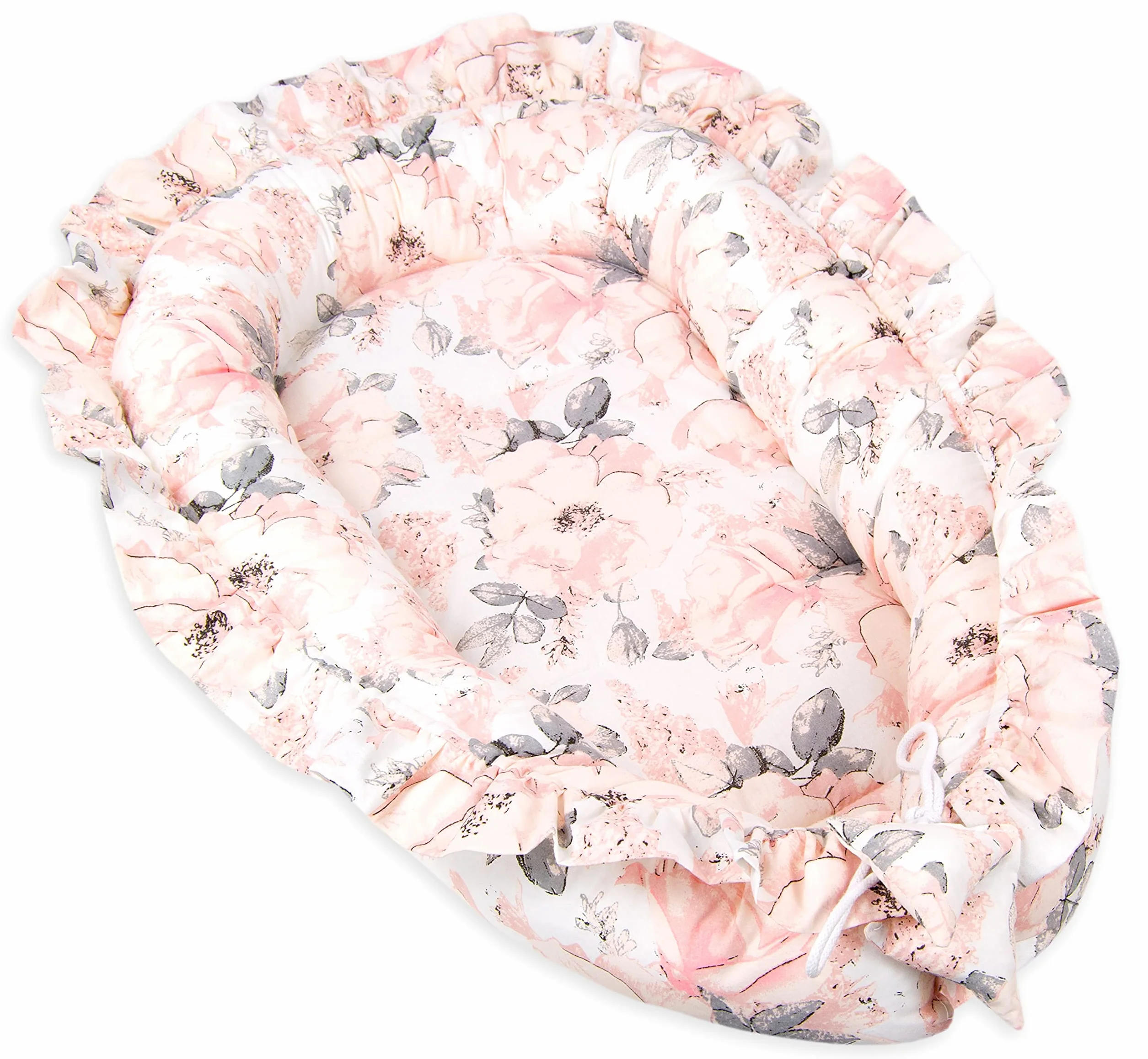 PIMKO Gniazdo niemowlęce z falbankami, gniazdo dla niemowląt, kokon dla niemowląt i noworodków, 100% bawełna, odpowiednie do domu, 55 x 90 cm (kwiat)