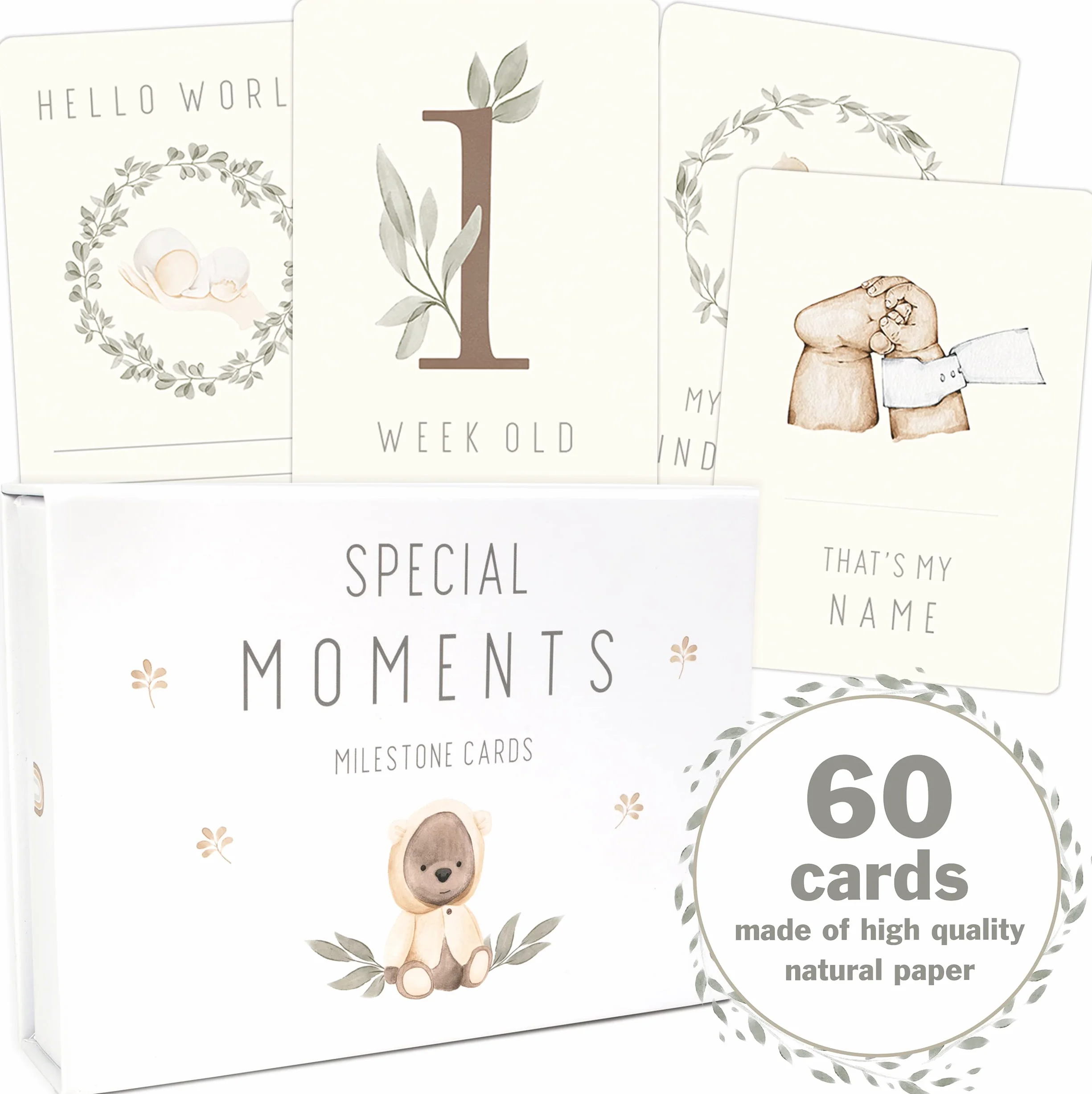 OLGS Baby Milestone Cards Monthly zestaw 60 kart Teddy Lou dla chłopca i dziewczynki, neutralne pod względem płci, Baby Milestones + pudełko magnetyczne, baby shower, prezenty na specjalne momenty
