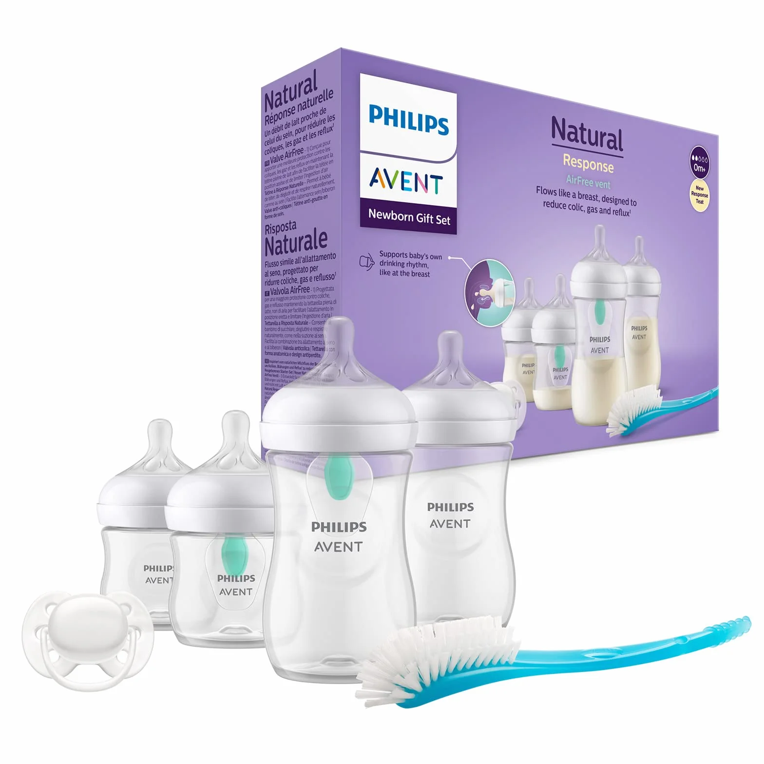 Philips Avent Zestaw butelek Natural z Responsywnym smoczkiem z nakładką antykolkową AirFree—4 butelki z nakładką AirFree, smoczek Ultra Soft, szczotka do butelek. Wiek 0 –12 mies.i (model SCD657/11)