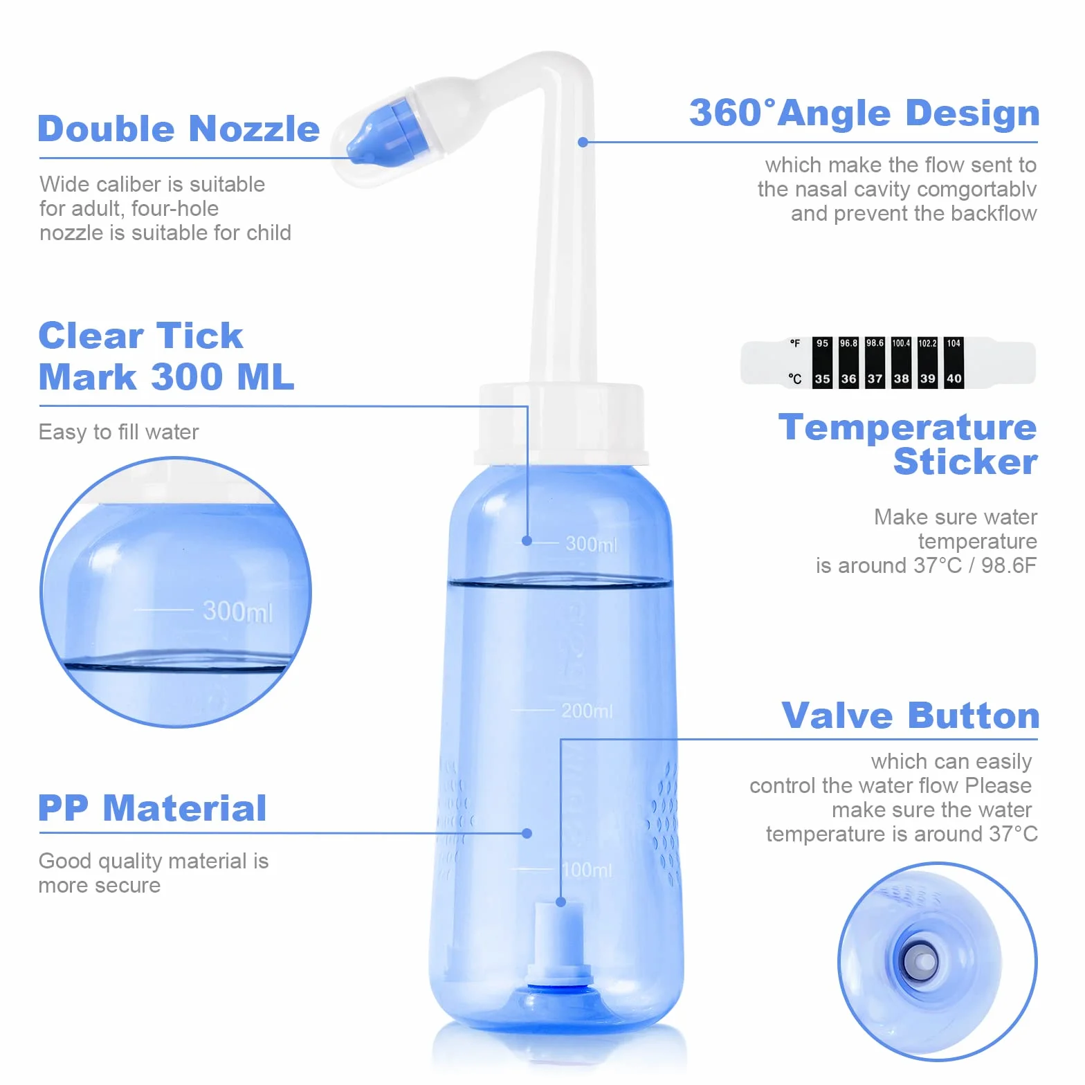 URAQT Neti Pot, zestaw do płukania nosa Płyn do płukania nosa, butelka do płukania zatok 300 ml z 20 saszetkami soli do płukania nosa i 10 naklejkami na termometrze, ciśnieniowa płukanka do płukania nosa dla niemowląt i dzieci Nie zawiera BPA