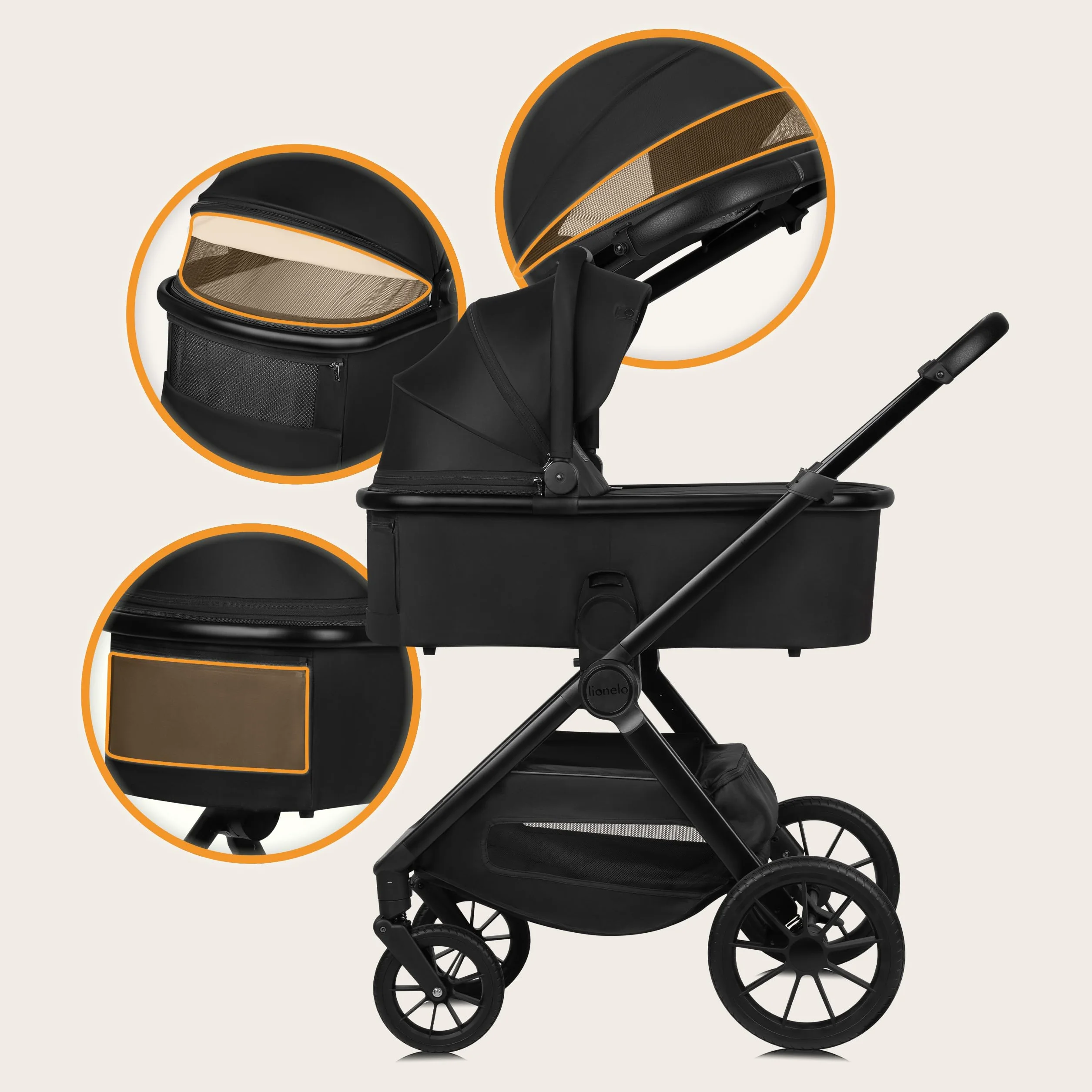 LIONELO LAYLA Wózek dziecięcy 3 w 1 0-48 miesięcy do 22 kg gondola do 9 kg, AiryDots, obracane koła PU o 360°, całkowita amortyzacja Booth XXL (BLACK ONYX)