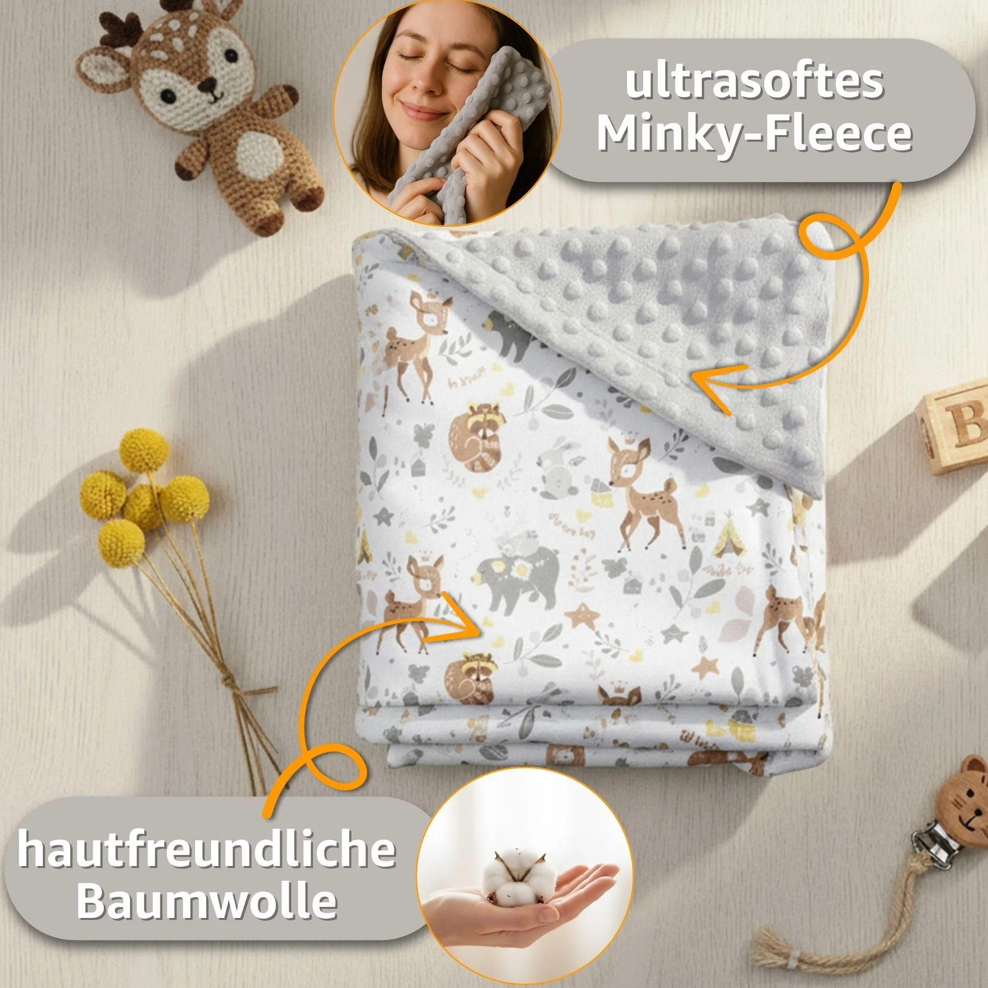 Kocyk do Owijania Niemowlęcy 90x90 cm - Uniwersalny Całoroczny do Nosidełka, Wózka, Fotelika - Bawełna Minky Beżowy w Białe Gwiazdki