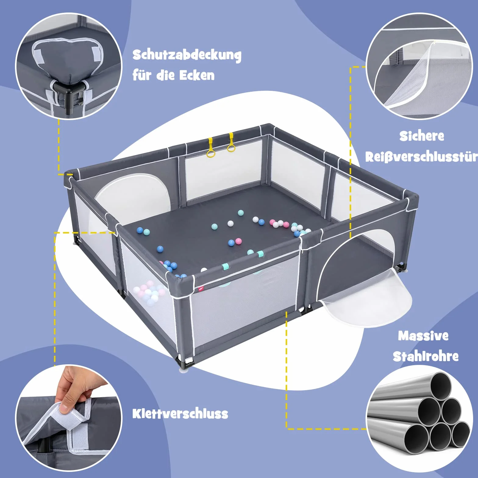 COSTWAY Kojec dla niemowląt 206 x 185,5 cm, z 50 piłkami do zabawy, kojec z oddychającą siatką i zamkiem błyskawicznym, kratka do raczkowania z 2 drzwiami, namiot dla niemowląt i dzieci (ciemnoszary)