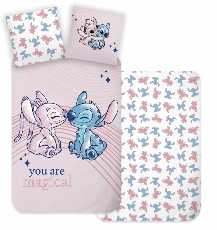 Brandmac Pościel Stitch & Angel do łóżeczka dziecięcego lub juniora, 100% bawełna i dwustronna, poszwa na kołdrę 100x135 cm i poszewka na poduszkę 40x60 cm