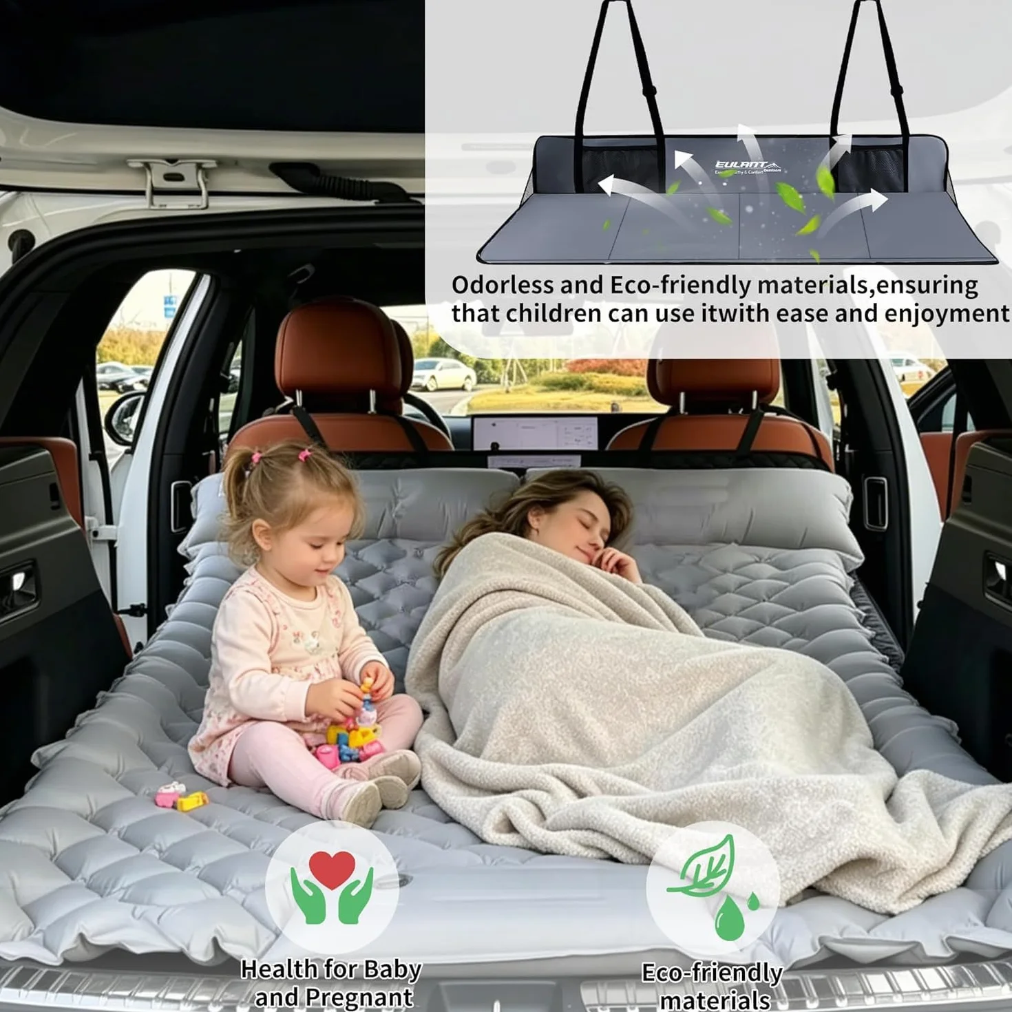 EULANT Mostek na tylne siedzenie samochodu, wsparcie materaca samochodowego, przedłużacz materaca samochodowego do większości samochodów, SUV-ów, MPV, Tesla model Y/Model 3